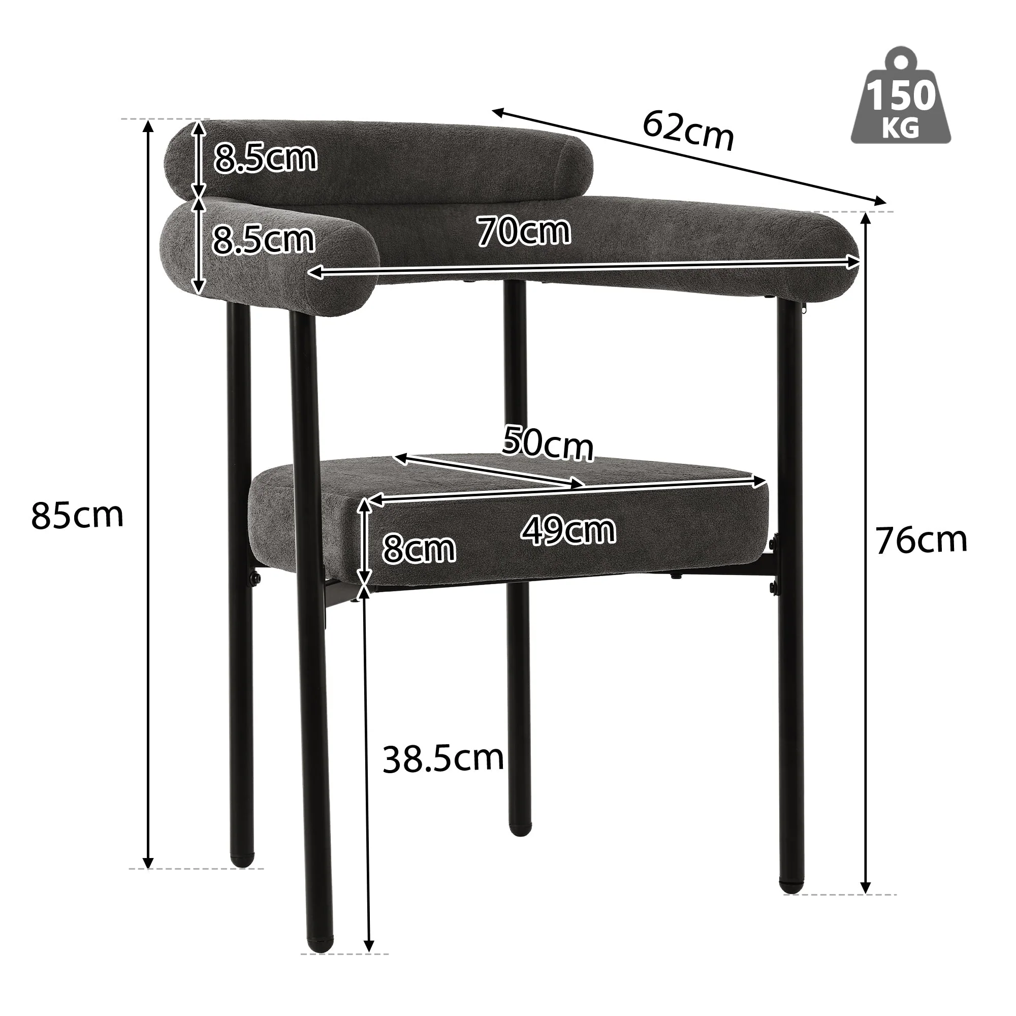 Dining Table and Chair Set (7-Piece) 6 Suede Armchairs Designer Metal Legs - Grey - Image 4