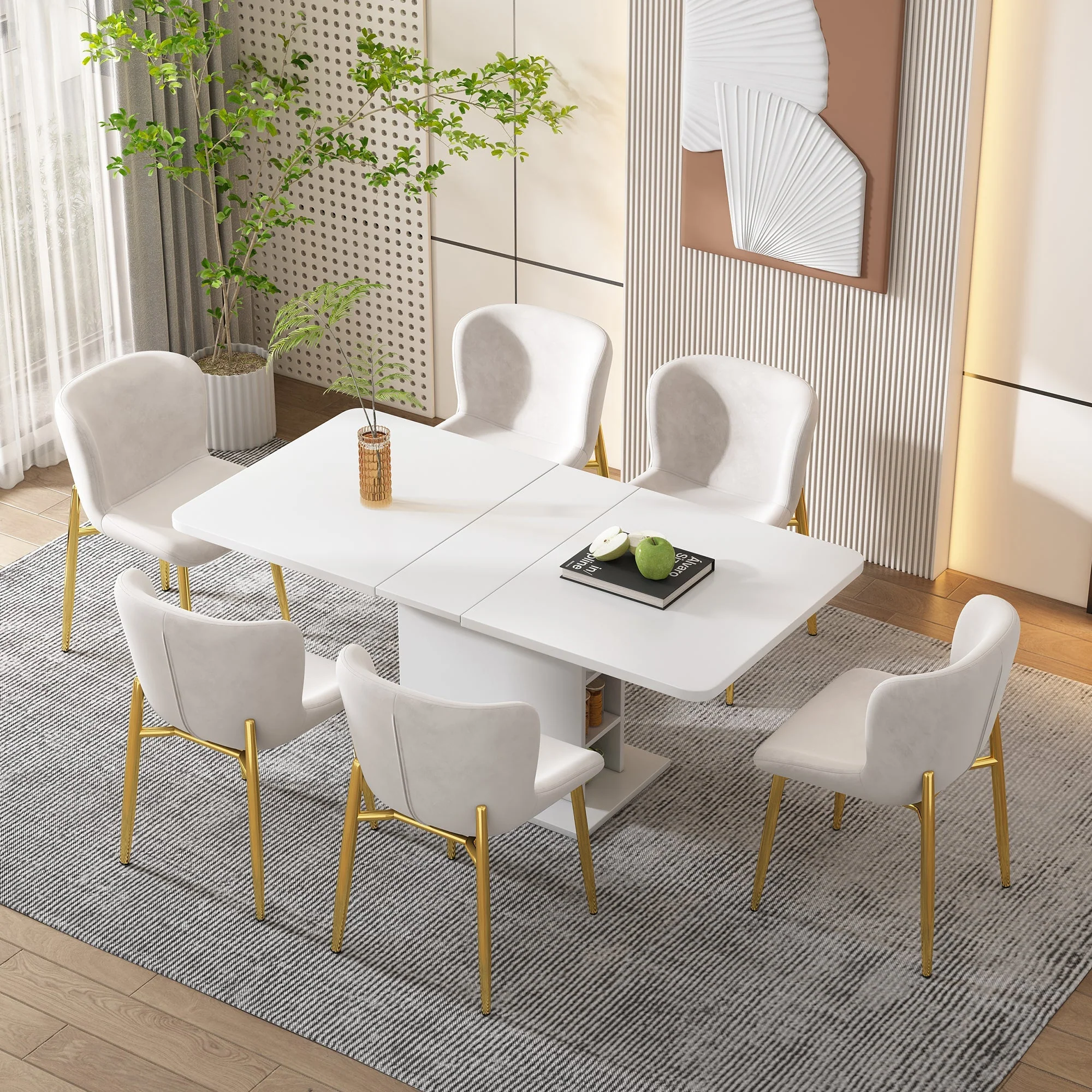 Dining Table - Extendable, Storage, Rectangular, Coffee Leisure, Modern Simple Iron, Space-Saving, Multifunctional - White - Image 5