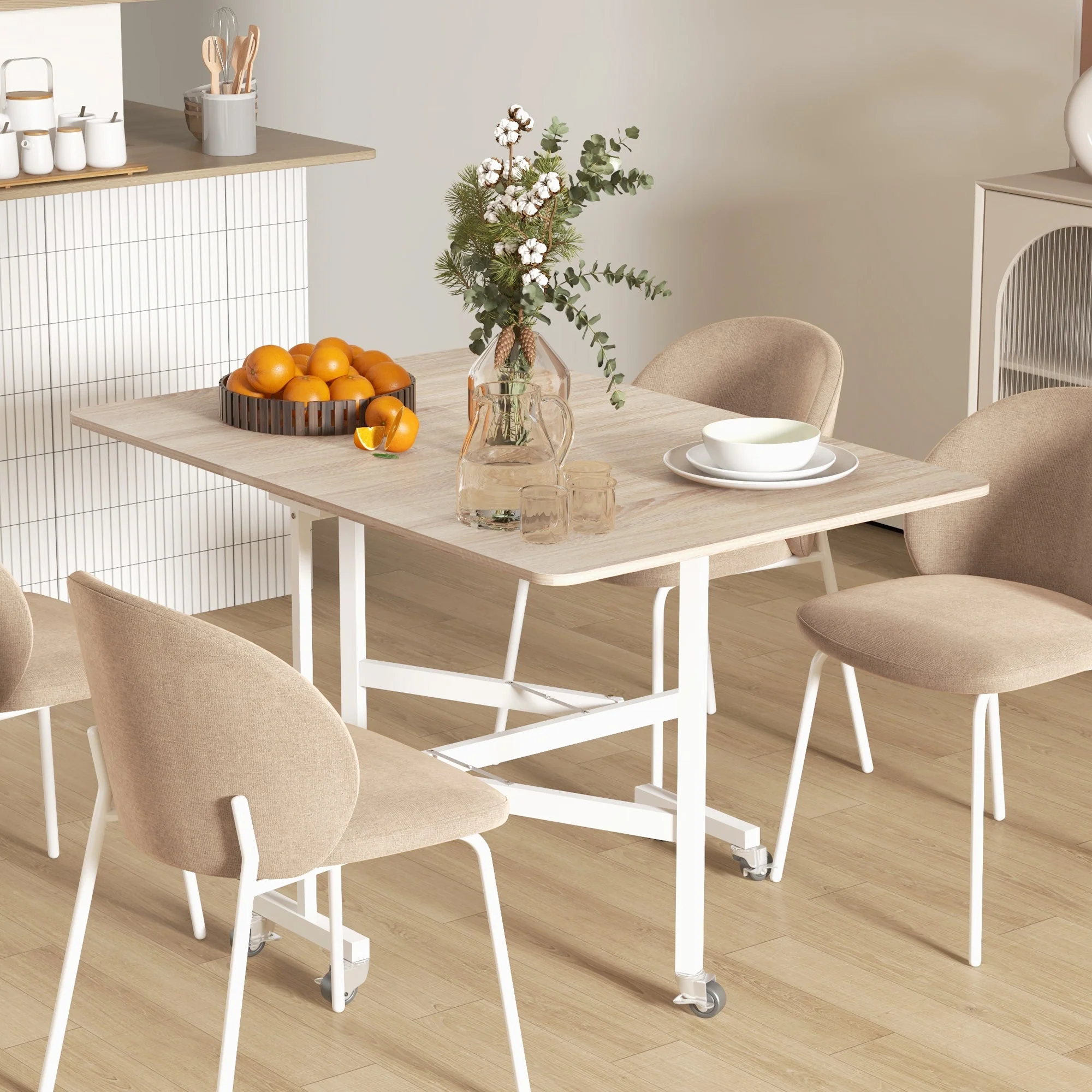 Dining Table for 4-6 People, Foldable with Wheels, Steel Frame, Oak - Image 2