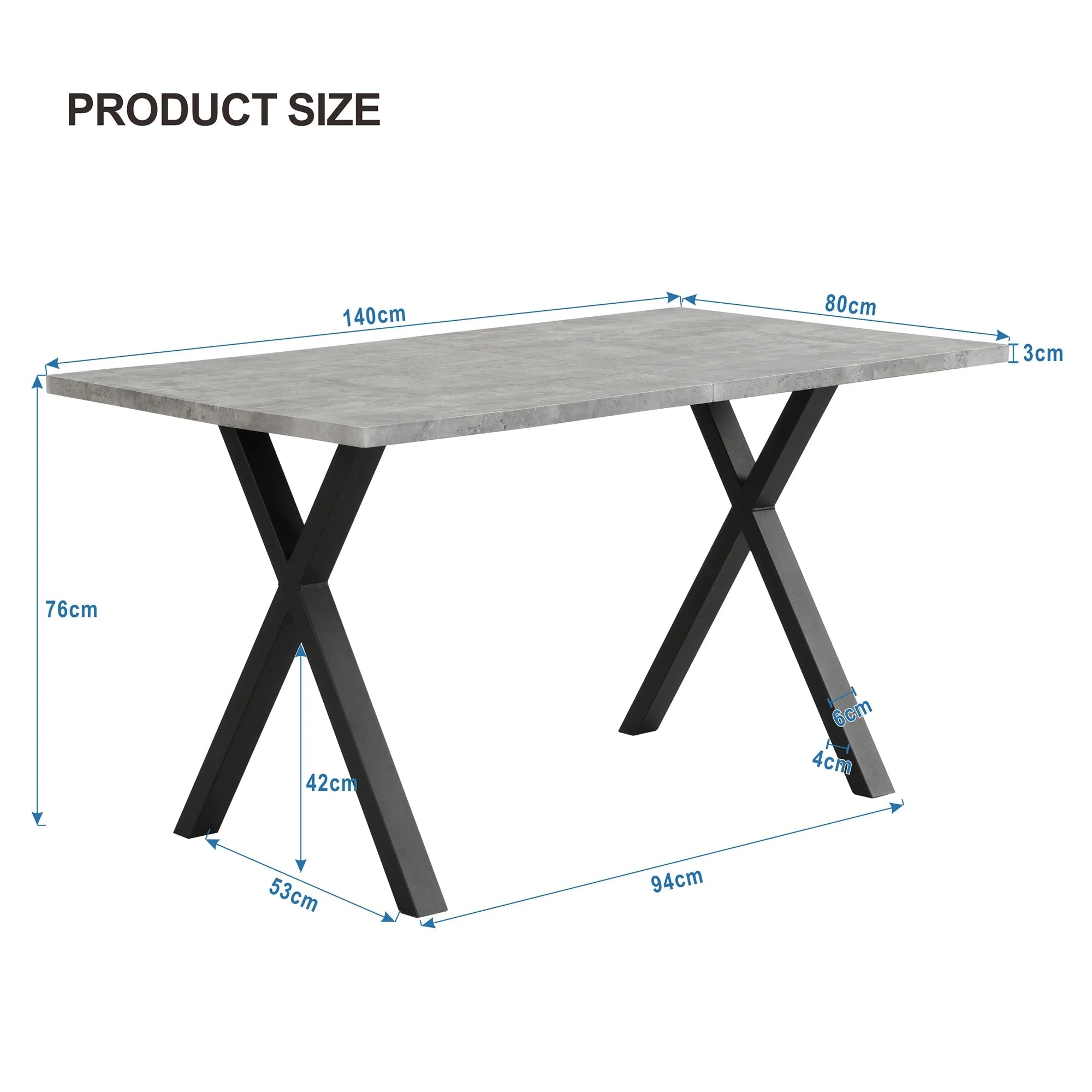 Dining Table Rectangular 140x80cm Crossed Legs Wrought Iron - Concrete Look/Black - Image 6