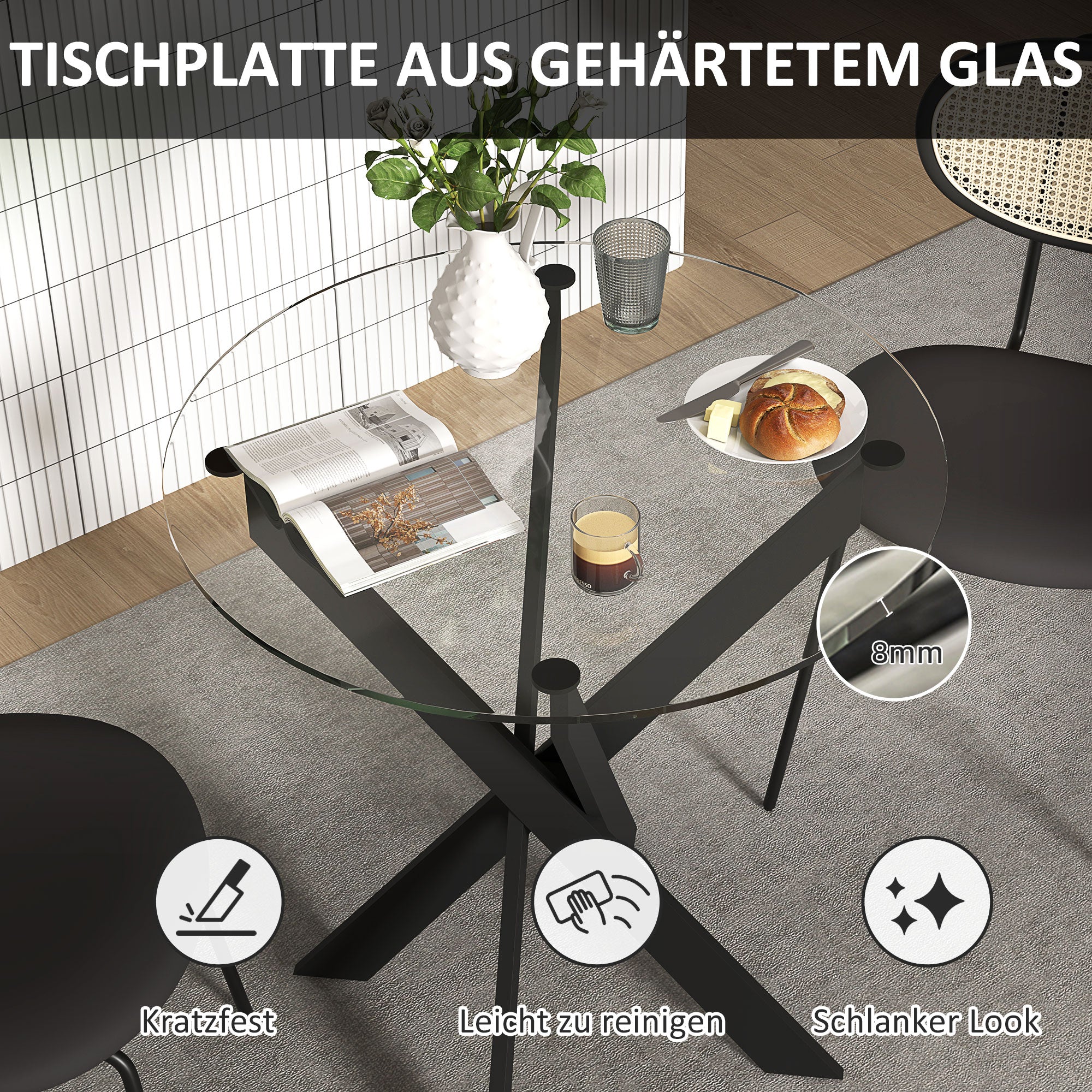 Dining Table, Round for 4 People, Steel Legs, Tempered Glass, Black + Transparent - Image 4