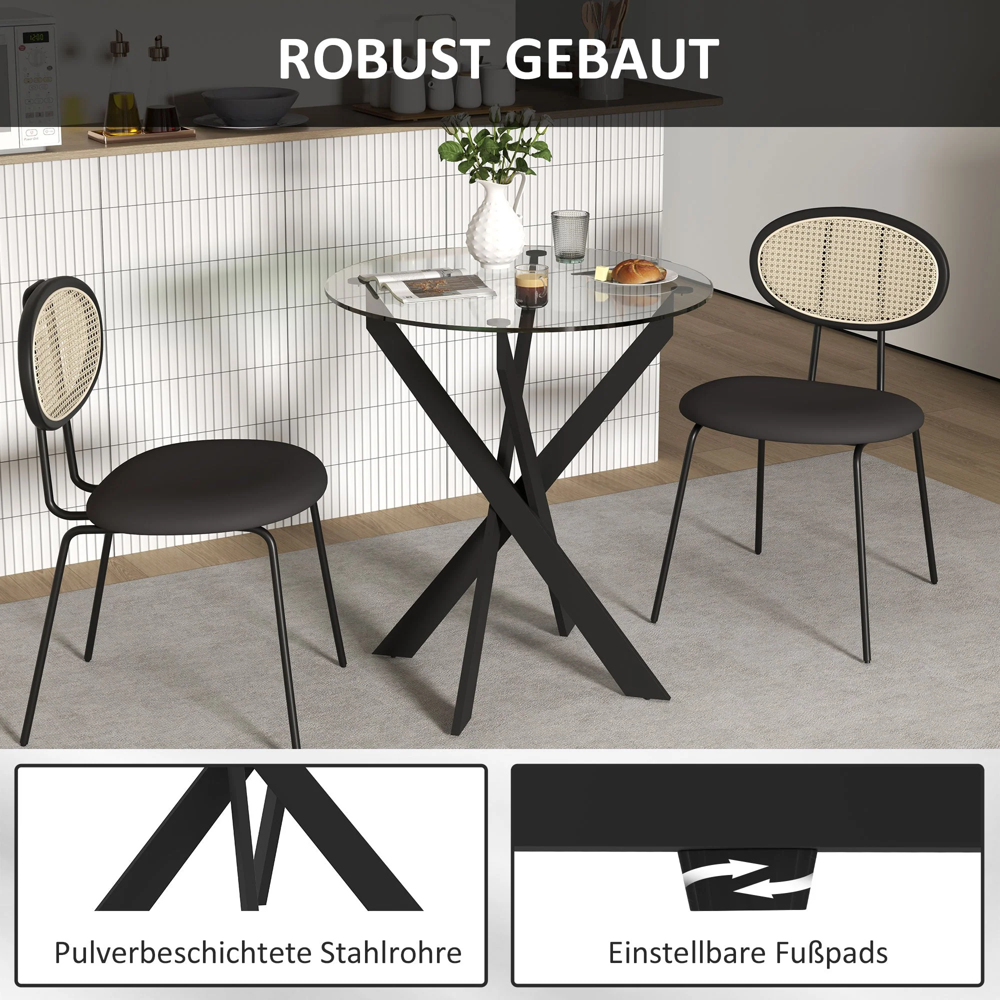 Dining Table, Round for 4 People, Steel Legs, Tempered Glass, Black + Transparent - Image 5