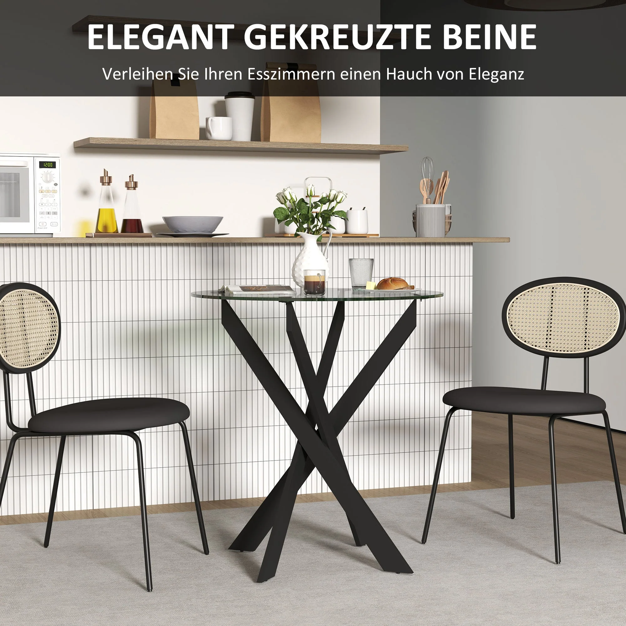 Dining Table, Round for 4 People, Steel Legs, Tempered Glass, Black + Transparent - Image 6