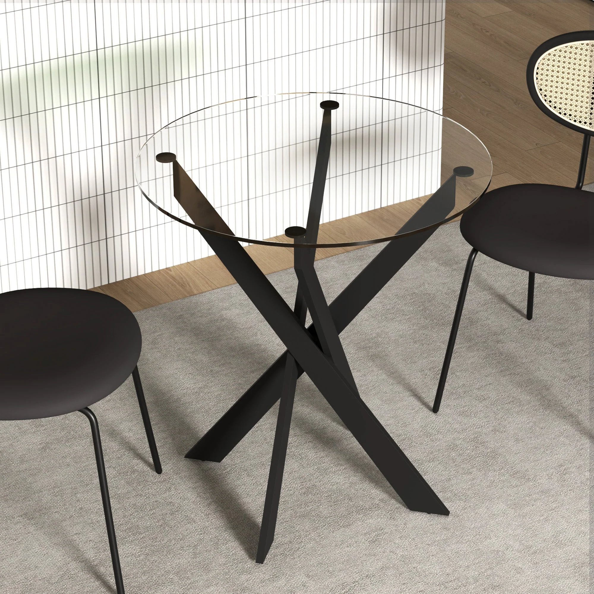 Dining Table, Round for 4 People, Steel Legs, Tempered Glass, Black + Transparent - Image 7