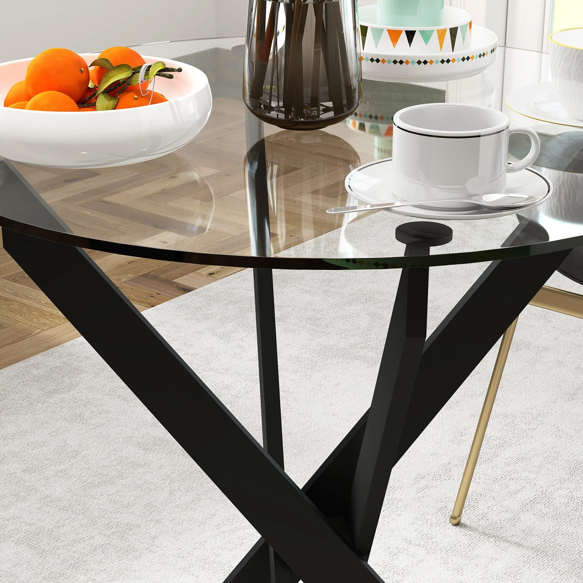 Dining Table, Round for 4 People, Steel Legs, Tempered Glass, Black + Transparent - Image 8