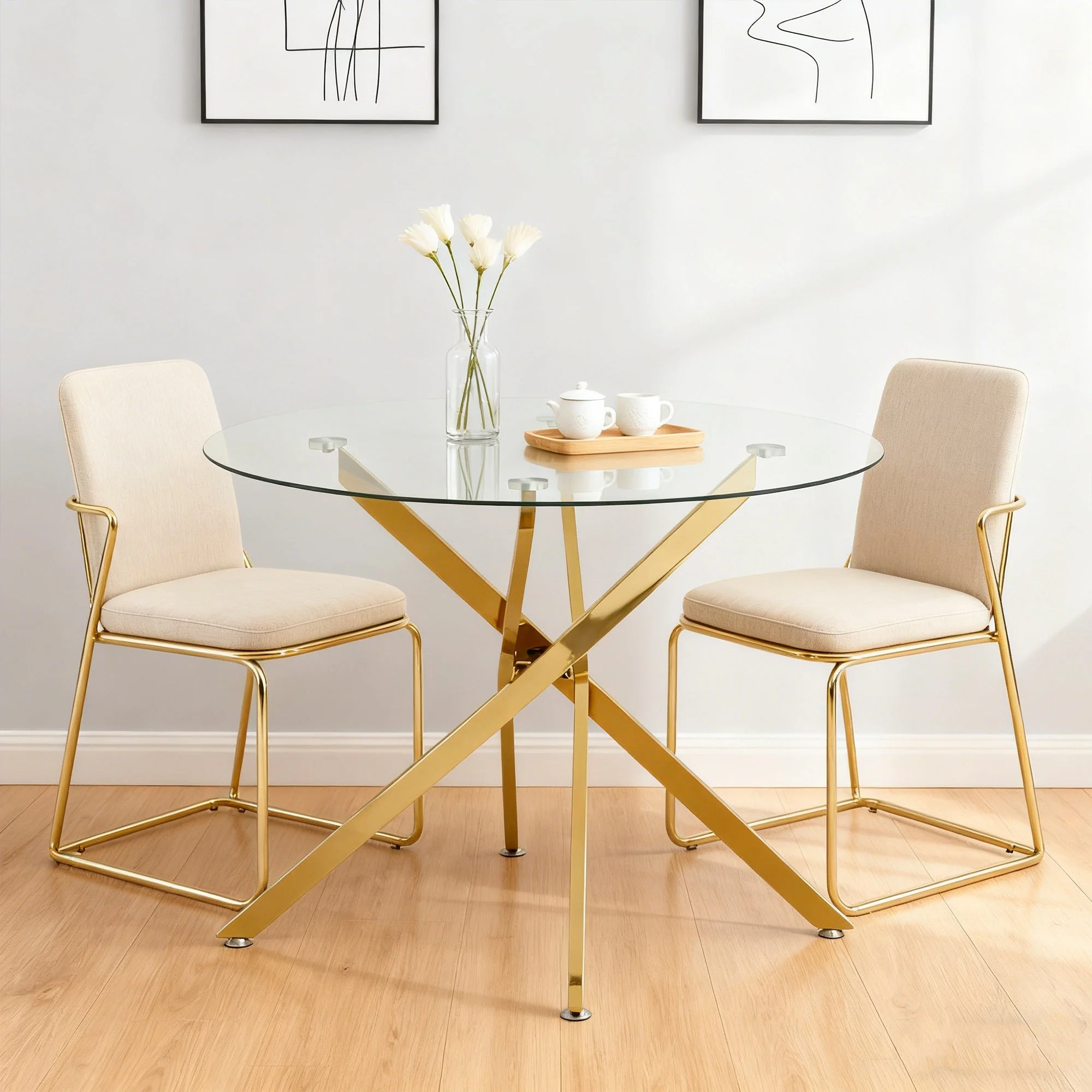 Dining Table Round Tempered Glass Top Gold Legs 80x80x76cm