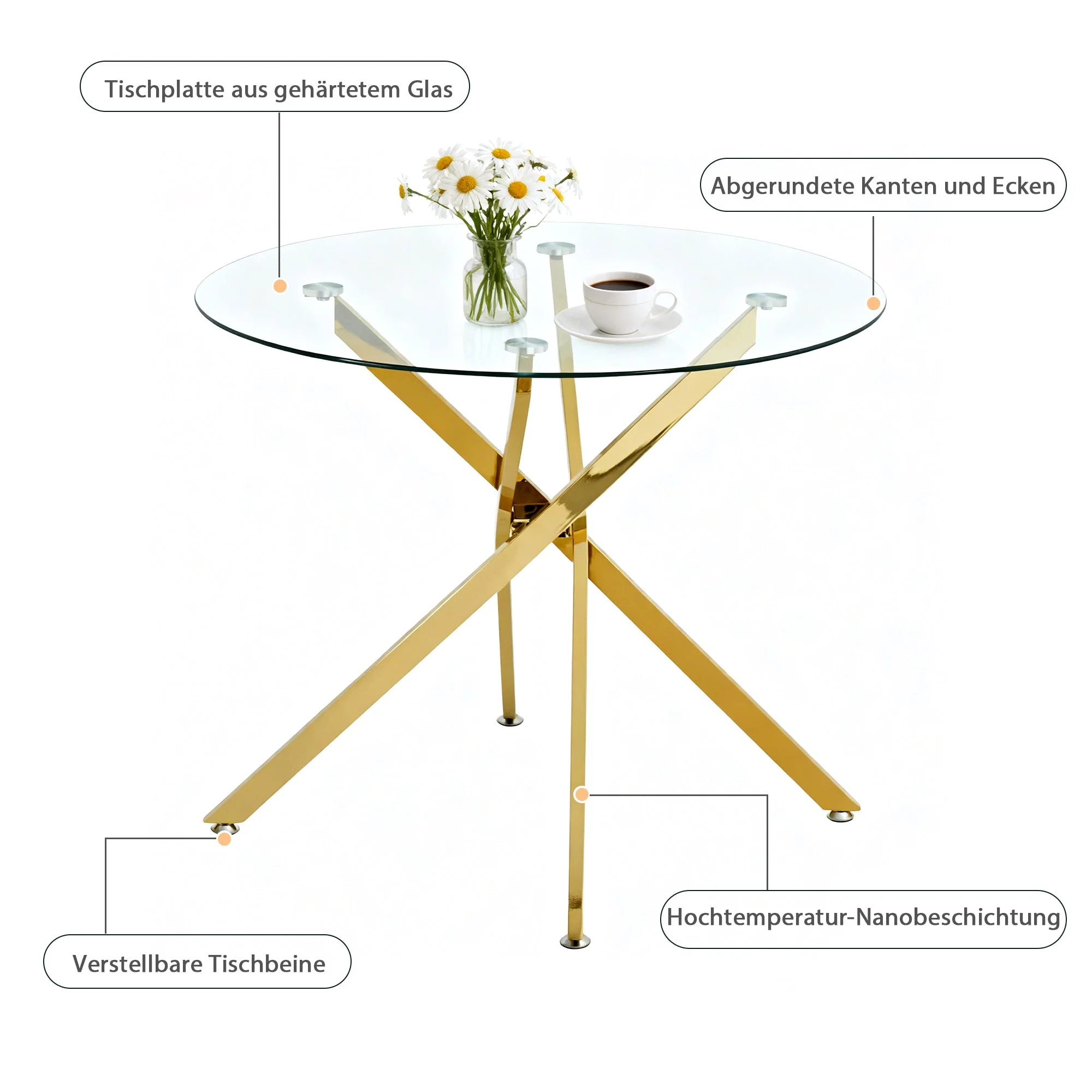 Dining Table Round Tempered Glass Top Gold Legs 80x80x76cm - Image 6
