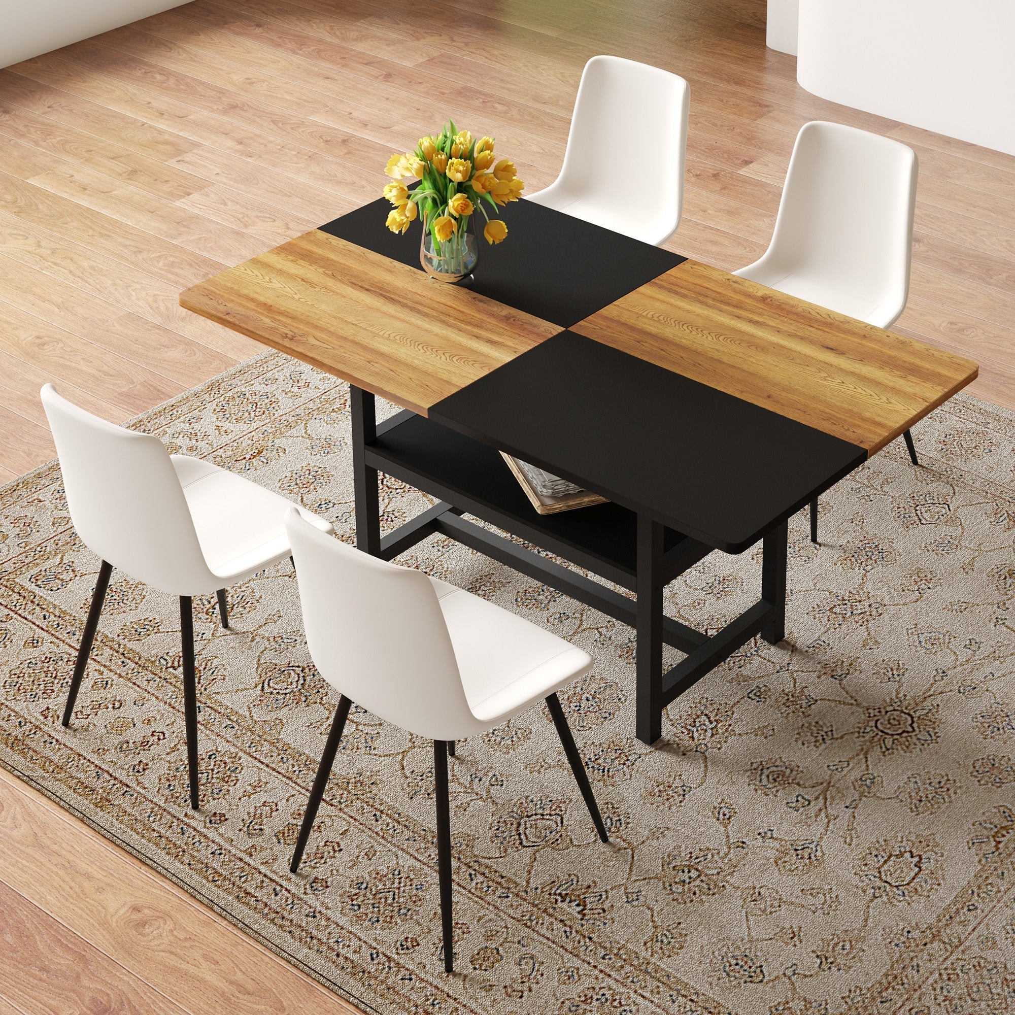Dining Table Set 160cm Rectangular Storage 4 Chairs - White PU - Image 3
