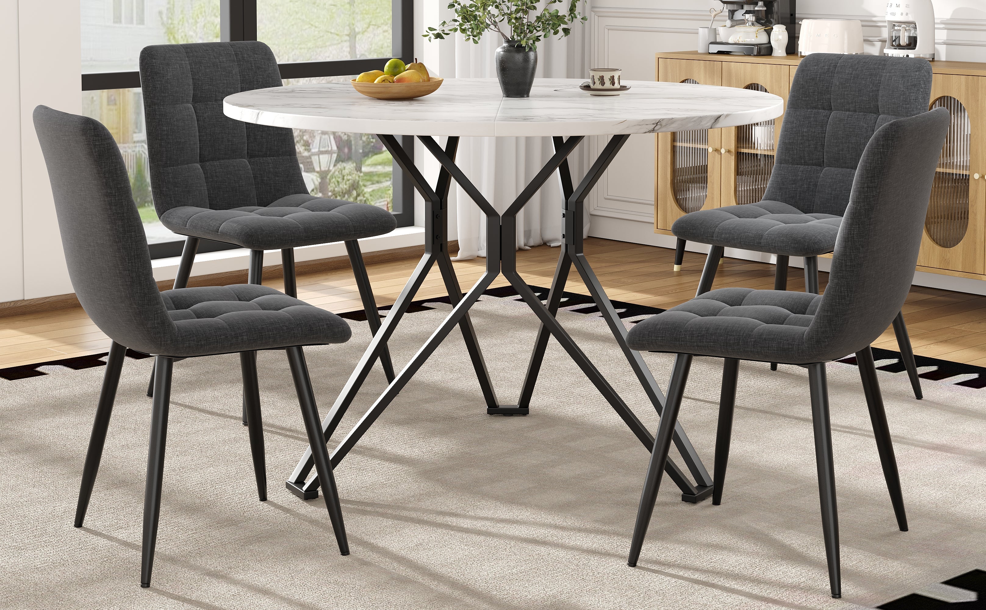 Dining Table Set 5-Piece 100cm Round MDF Marble Top Black Metal Legs Grey Linen - Image 2