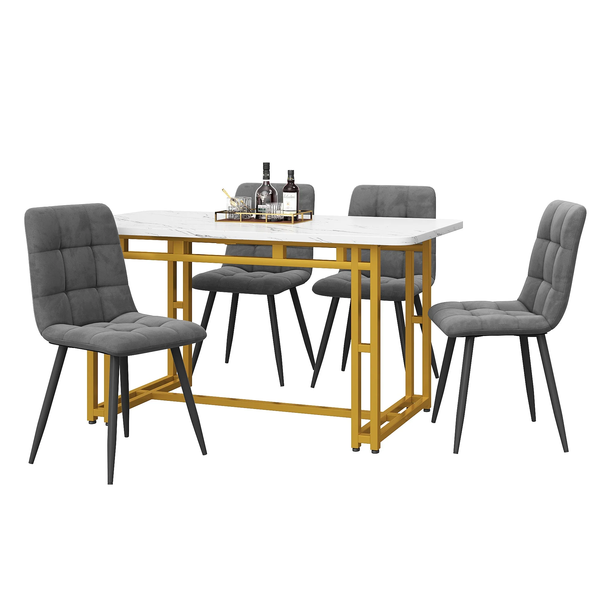 Dining Table Set 5-Piece 120x70cm Modern Golden Iron Leg Dark Grey Velvet - Image 3