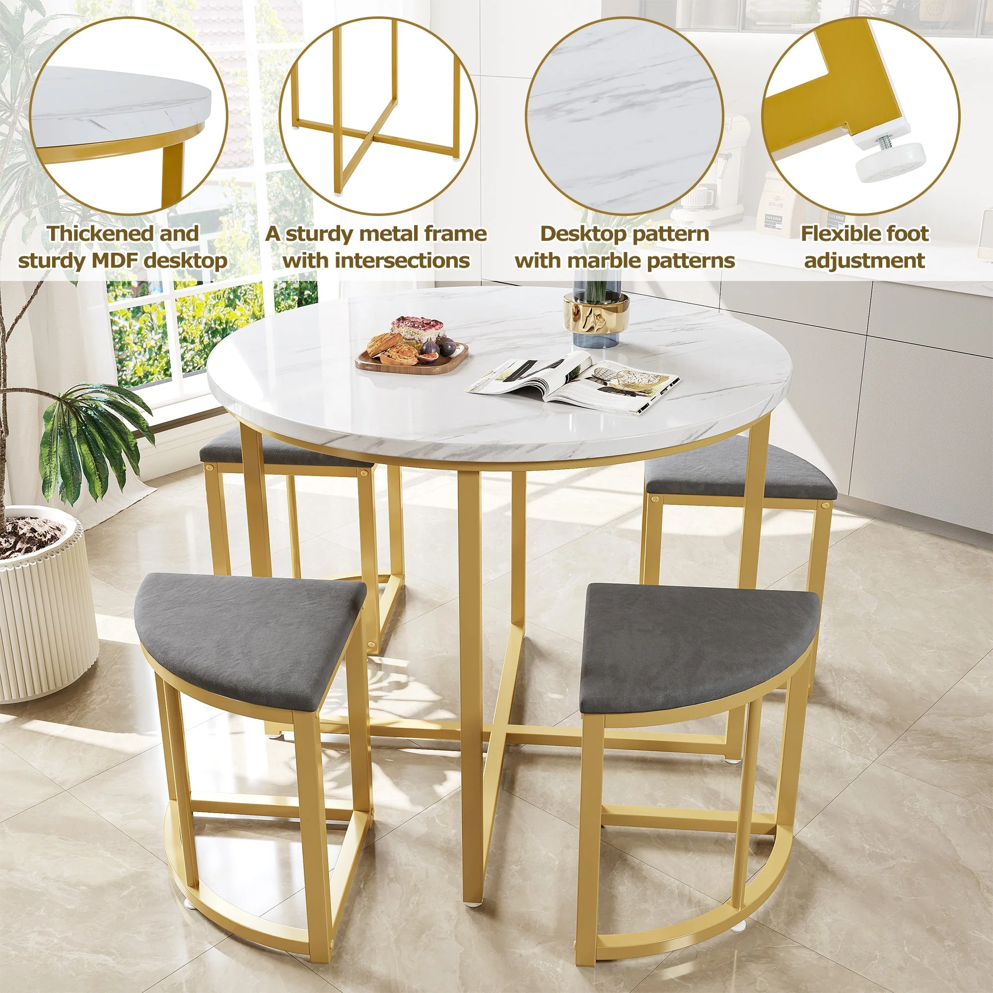 Dining Table Set 5-Piece Modern Luxury Gilded Iron Frame Grey Velvet - Image 4