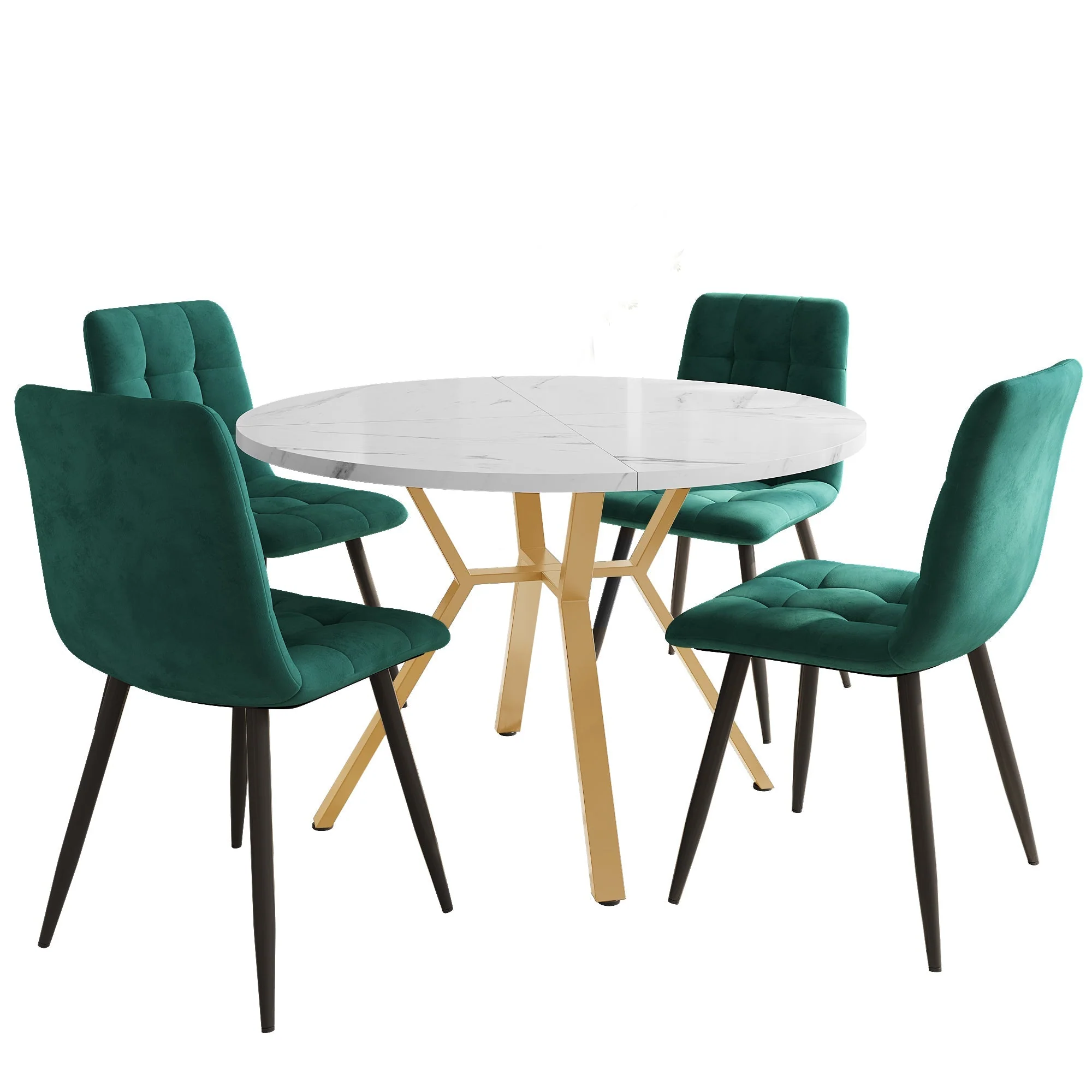 Dining table set (5-piece), modern simple round marble with gold-coloured metal table legs & 4 ergonomic velvet chairs, green - Image 5
