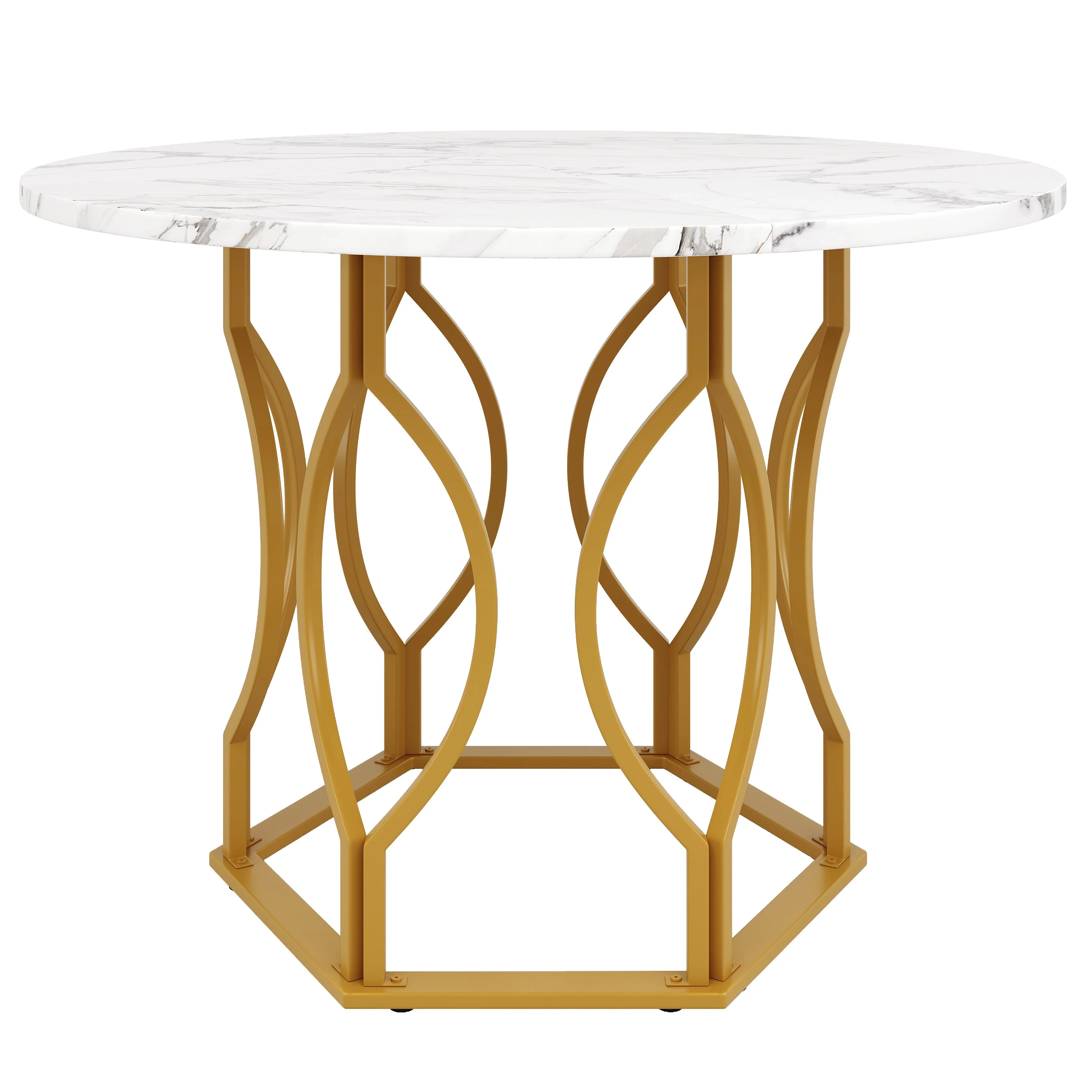 Dining Table Set 5-Piece Round 100cm Gold Metal Legs White MDF Dark Green Velvet - Image 5