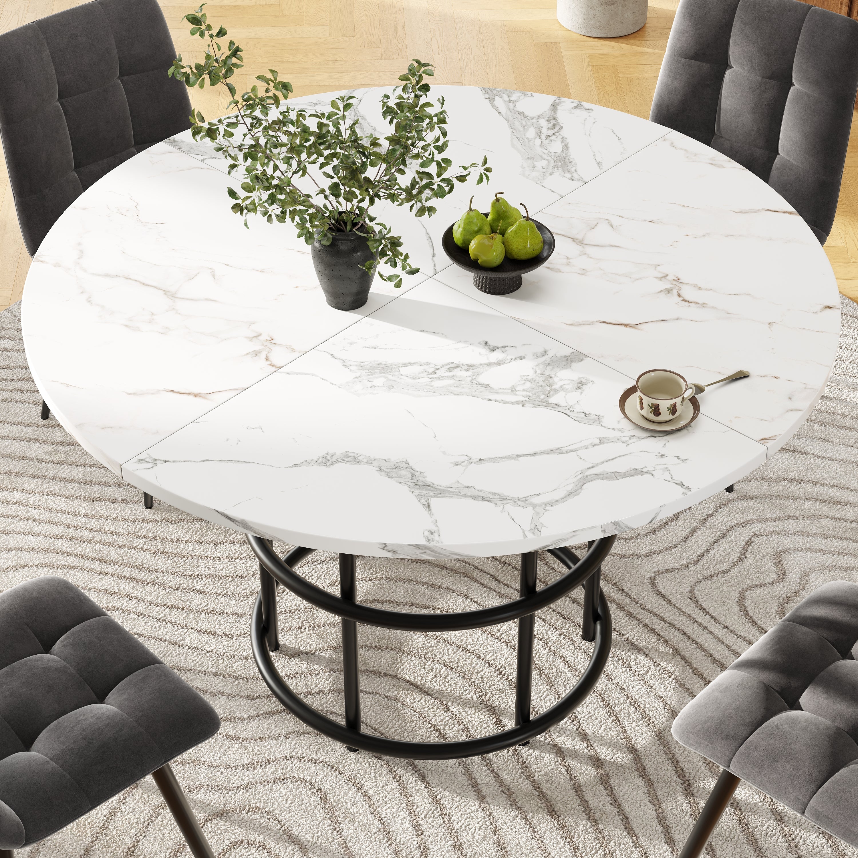 Dining Table Set 5-Piece Round 100cm White MDF/Grey Velvet - Image 3