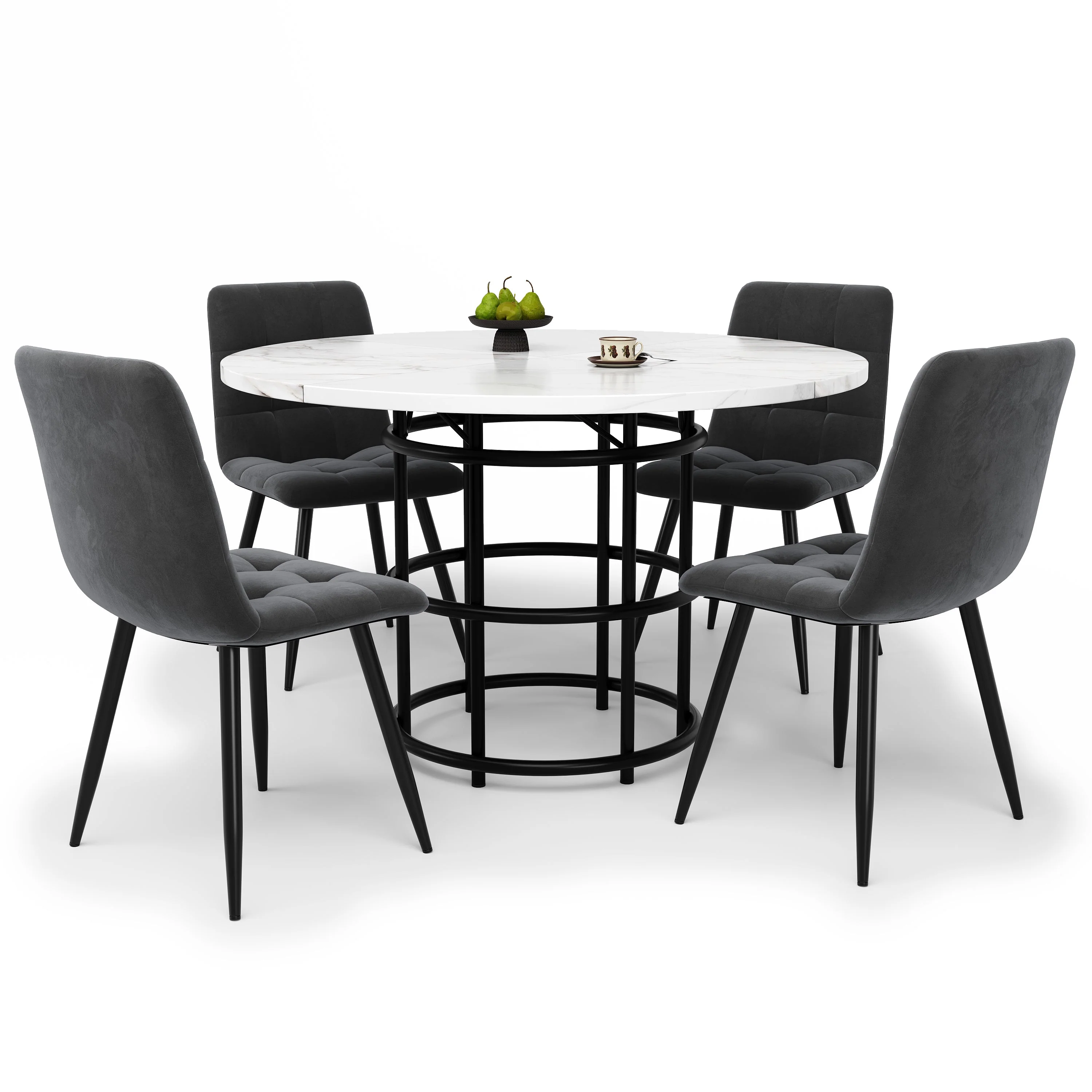 Dining Table Set 5-Piece Round 100cm White MDF/Grey Velvet - Image 4