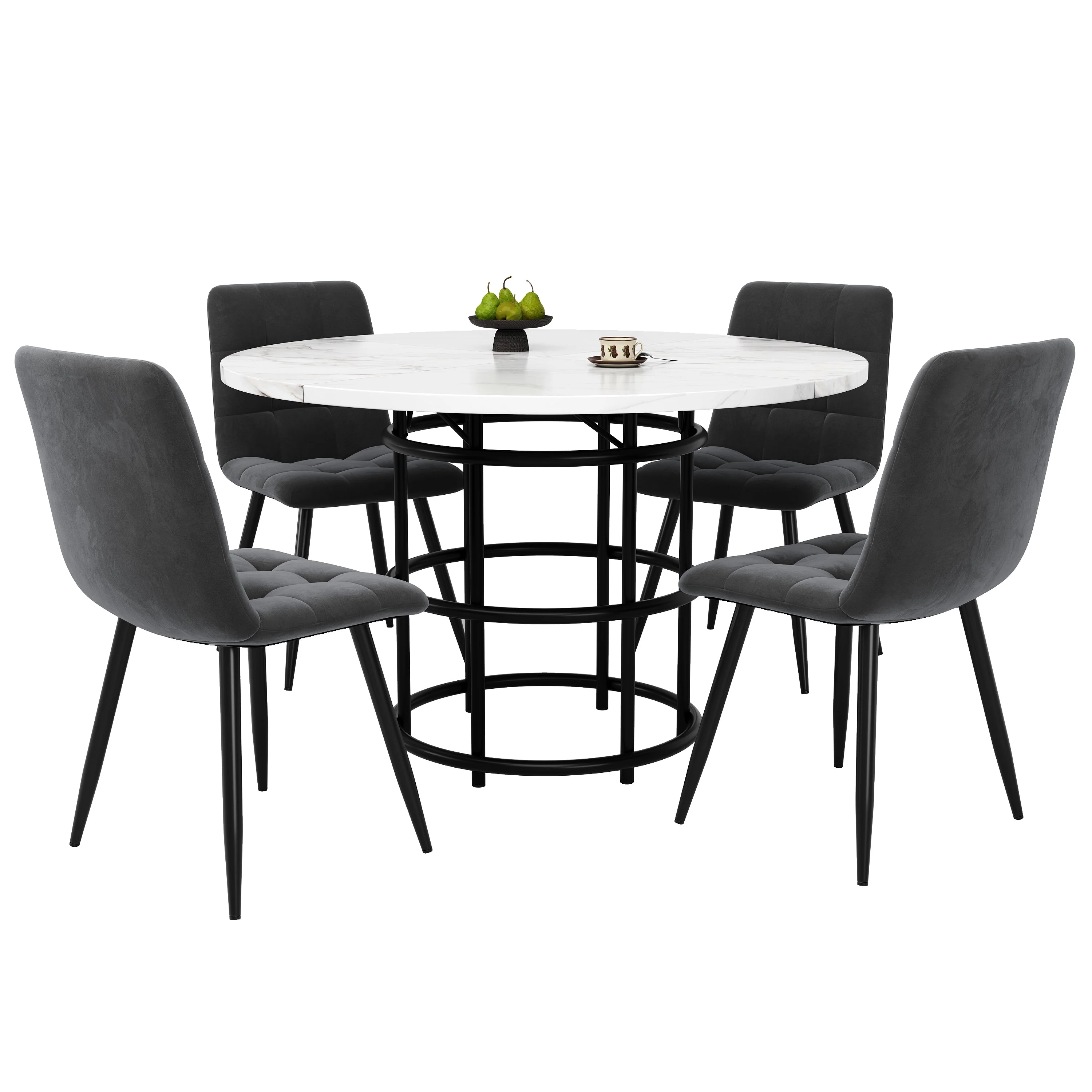 Dining Table Set 5-Piece Round 100cm White MDF/Grey Velvet - Image 5