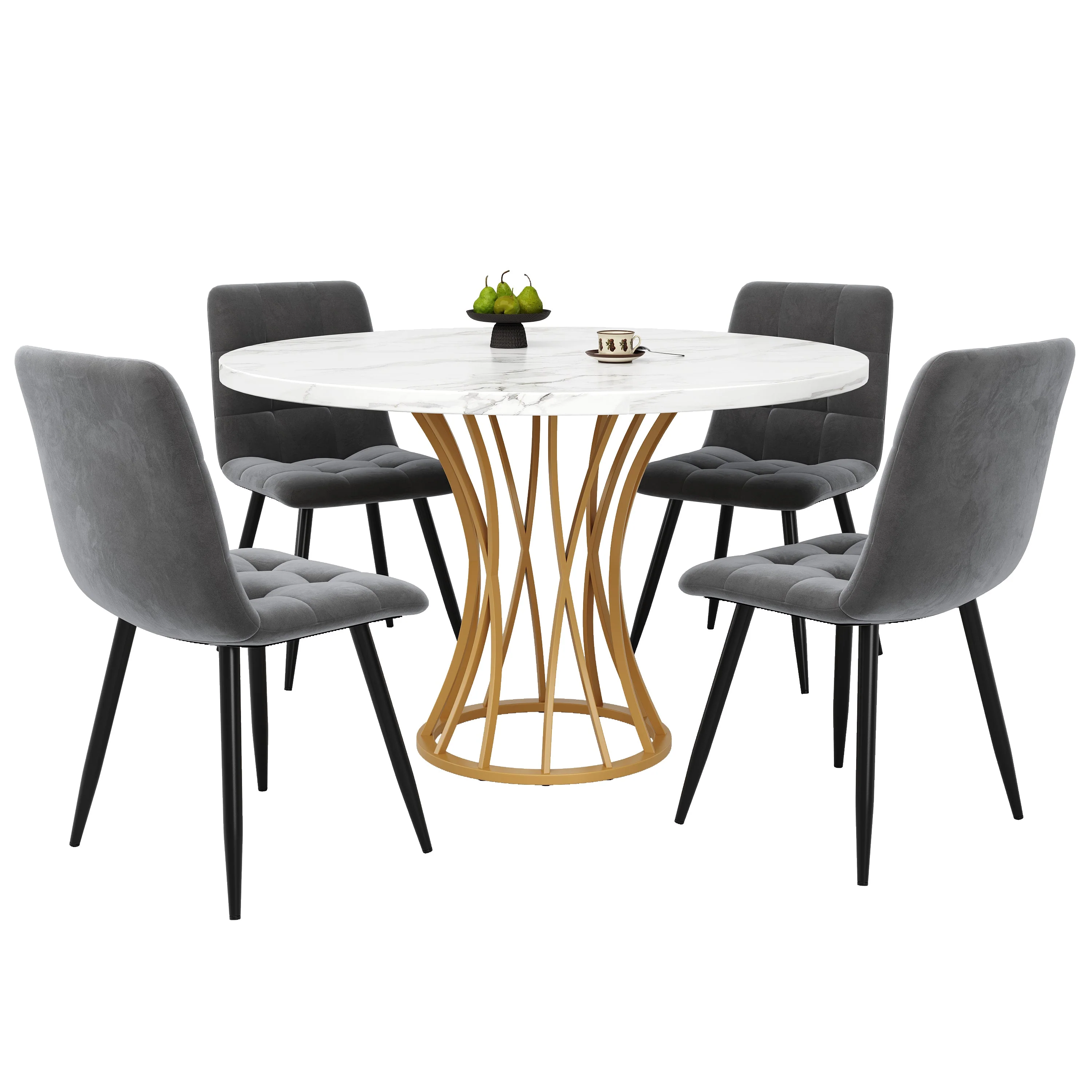 Dining Table Set 5-Piece Round 80cm White Marble Top Gold Legs Grey Velvet - Image 3