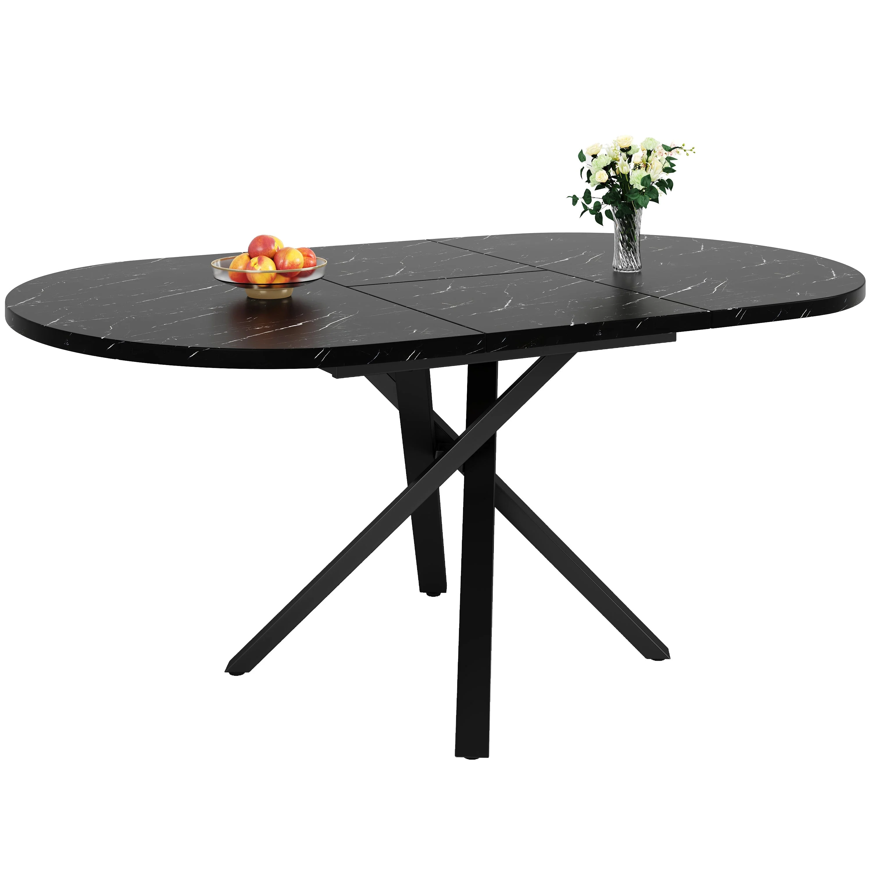 Dining Table Set 5-Piece Round Extendable 4 Chairs Velor Beige - Image 8