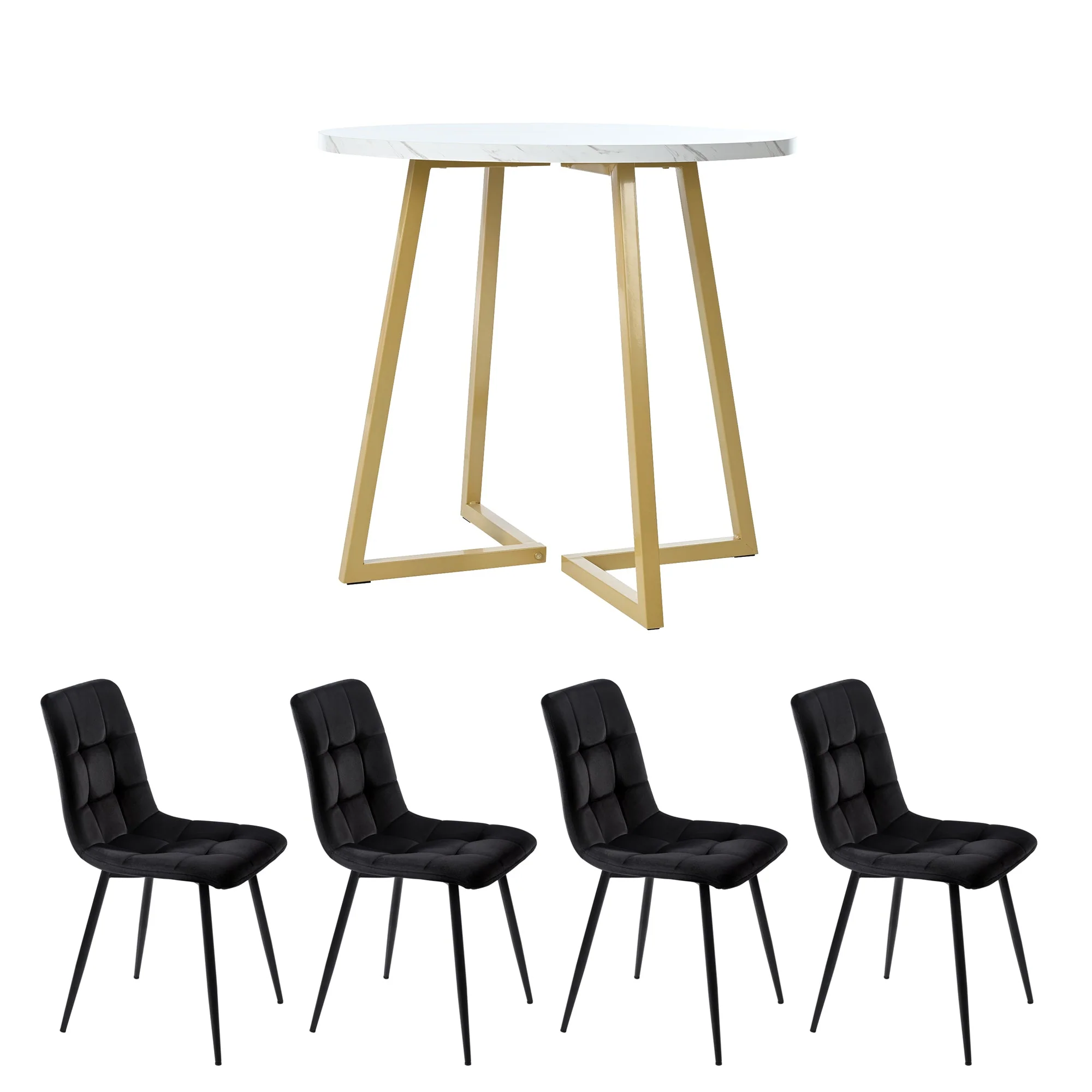 Dining Table Set (5 Pieces) with Round Table and Gold Legs, White MDF & Black Velvet - Image 3