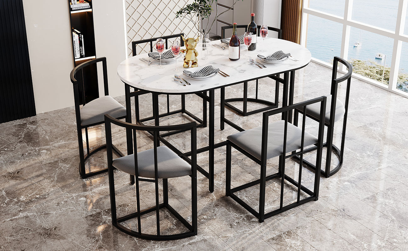 Dining Table Set, 6-Piece Round White MDF Table with 4 Dark Grey Velvet Chairs & Black Iron Frame - Image 3