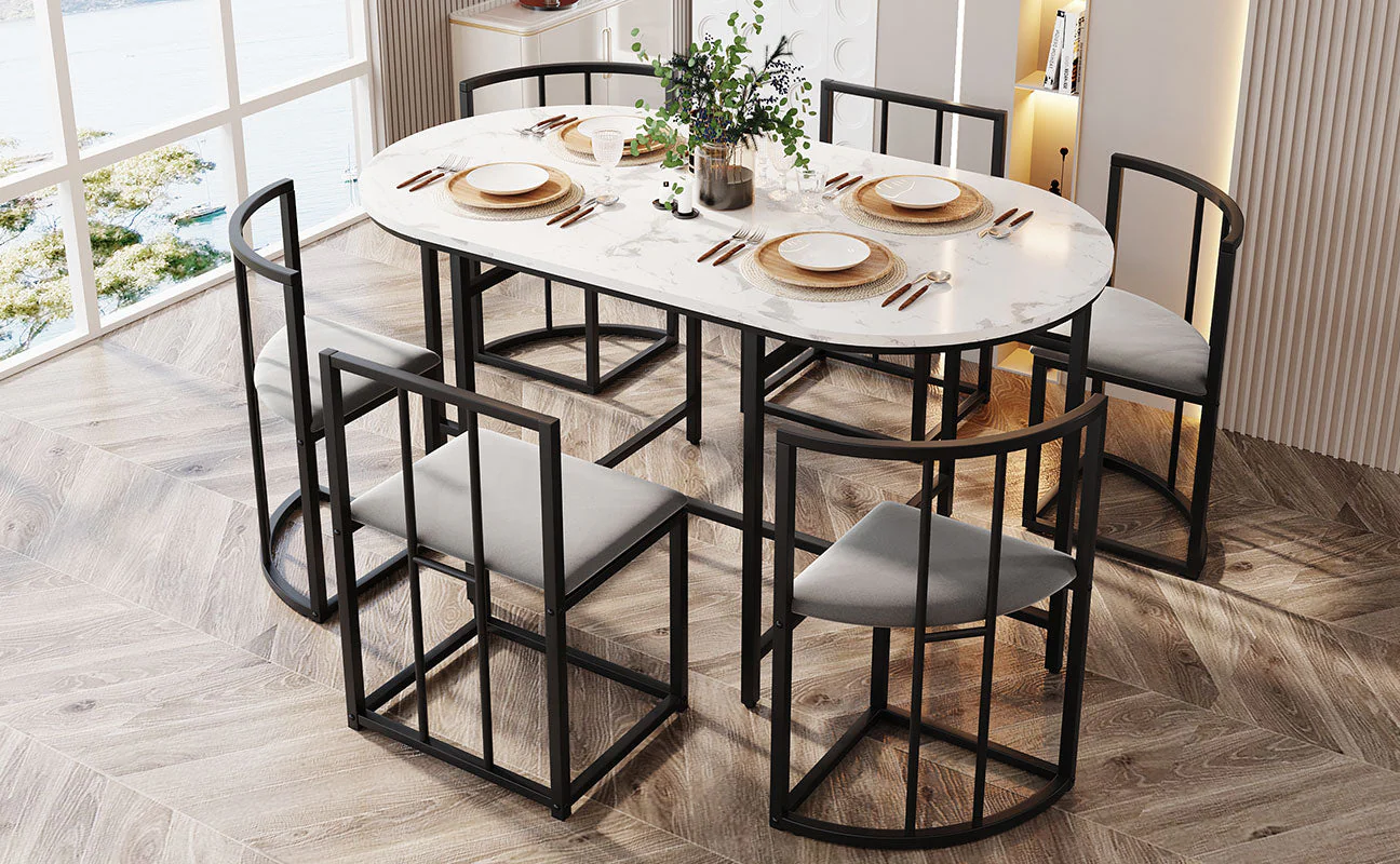 Dining Table Set, 6-Piece Round White MDF Table with 4 Dark Grey Velvet Chairs & Black Iron Frame - Image 4