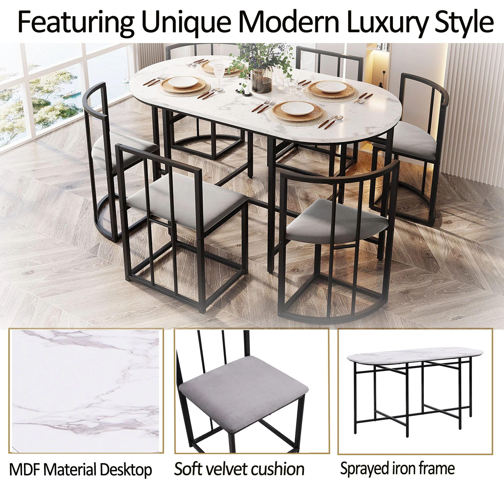 Dining Table Set, 6-Piece Round White MDF Table with 4 Dark Grey Velvet Chairs & Black Iron Frame - Image 5
