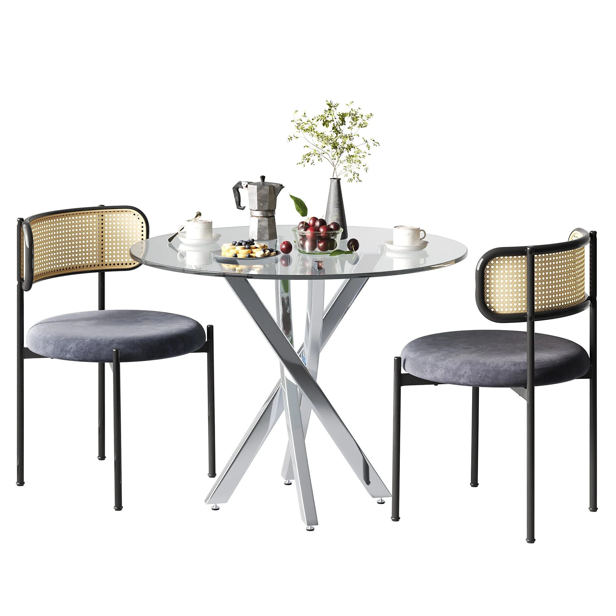 Dining Table Set, 80x80cm Tempered Glass Top, Modern 3-Piece, Grey Chairs/Silver Legs - Image 7