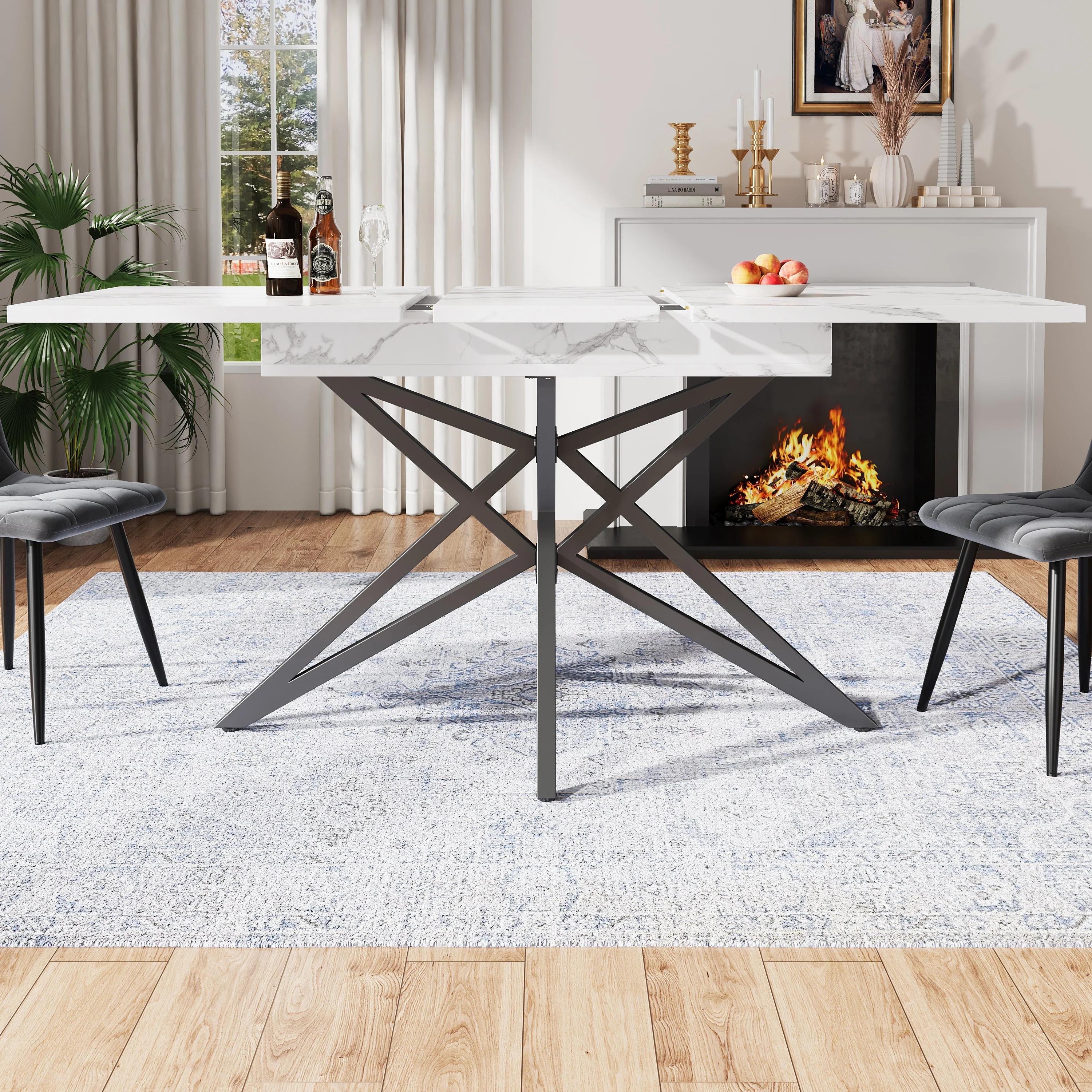 Dining Table Set Extendable 120/160cm 4 Chairs Diagonal Velvet - Dark Grey - Image 4
