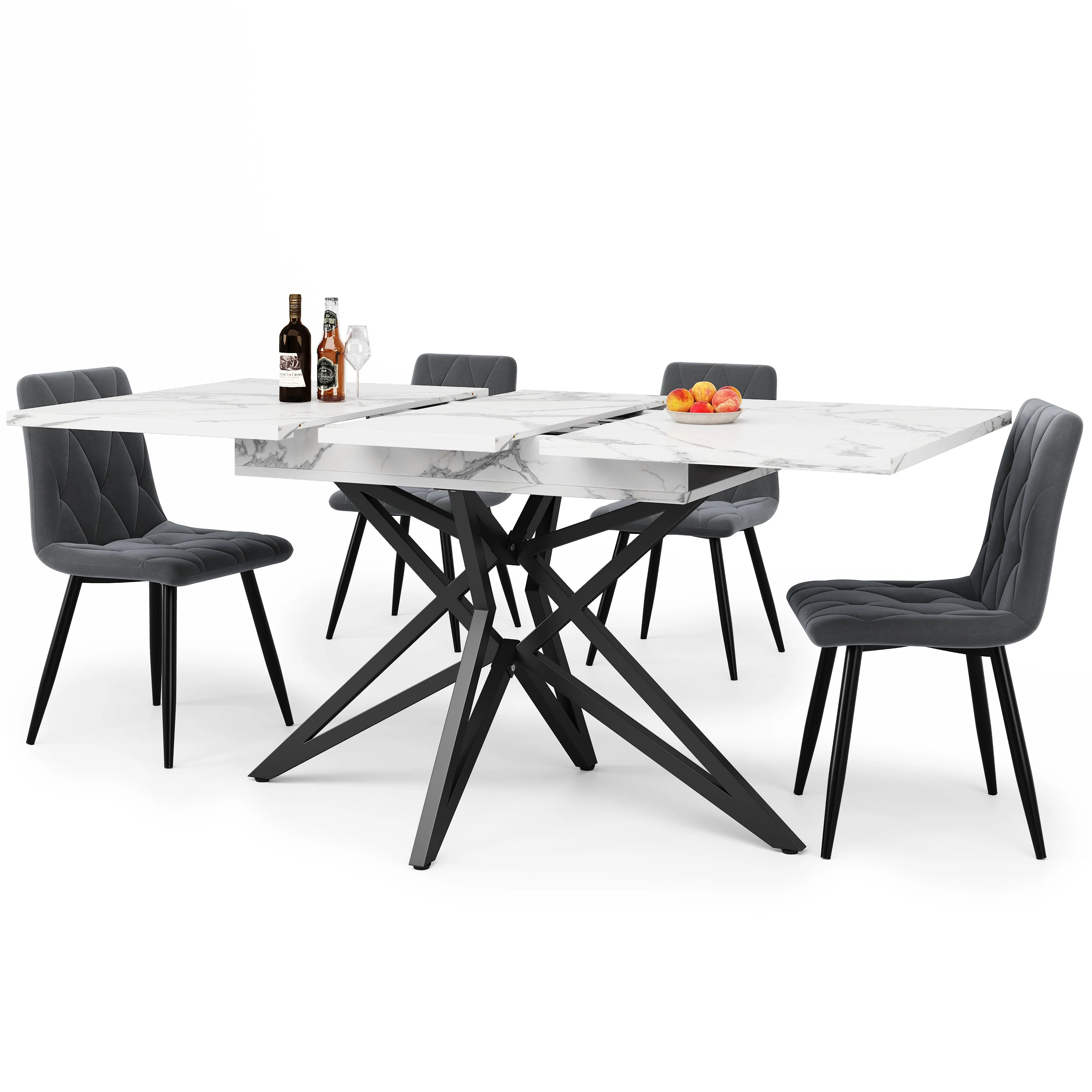 Dining Table Set Extendable 120/160cm 4 Chairs Diagonal Velvet - Dark Grey - Image 5