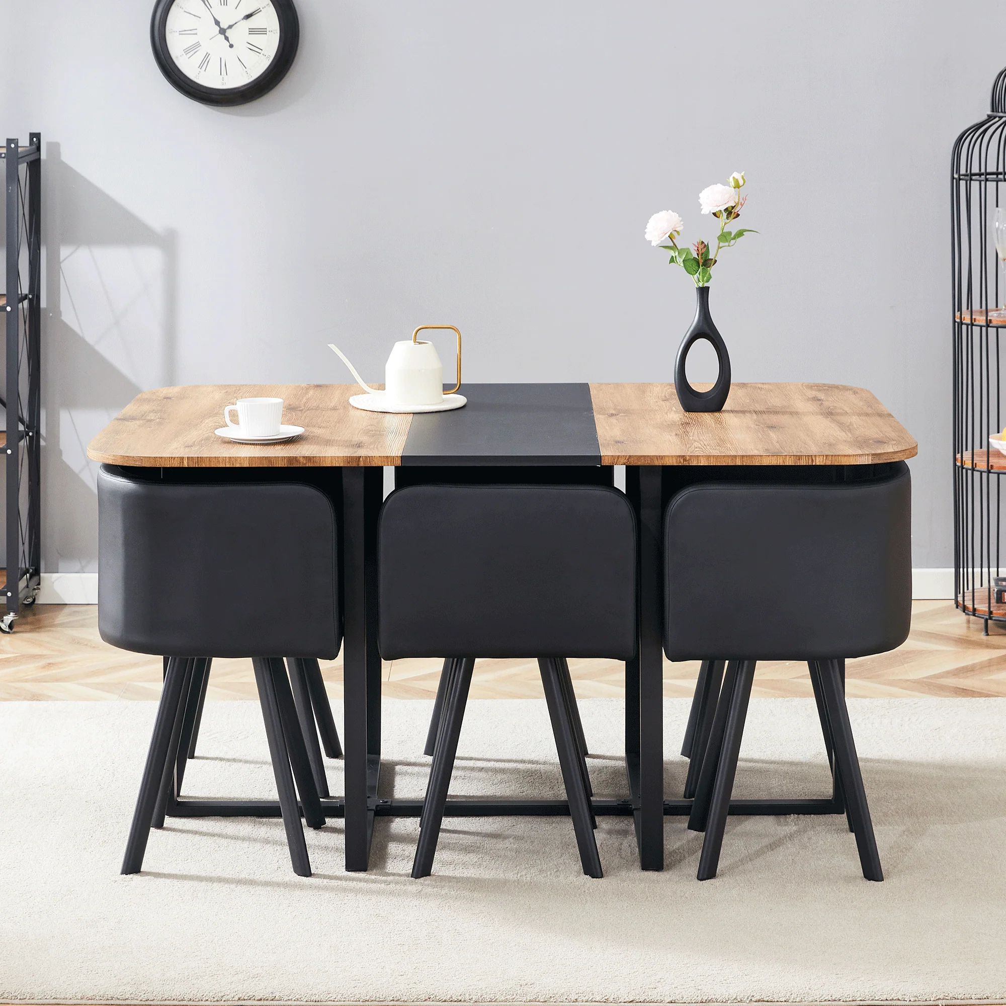 Dining Table Set Extendable Stowable Chairs 4-6 Person Wood Grain Black Metal - Image 4