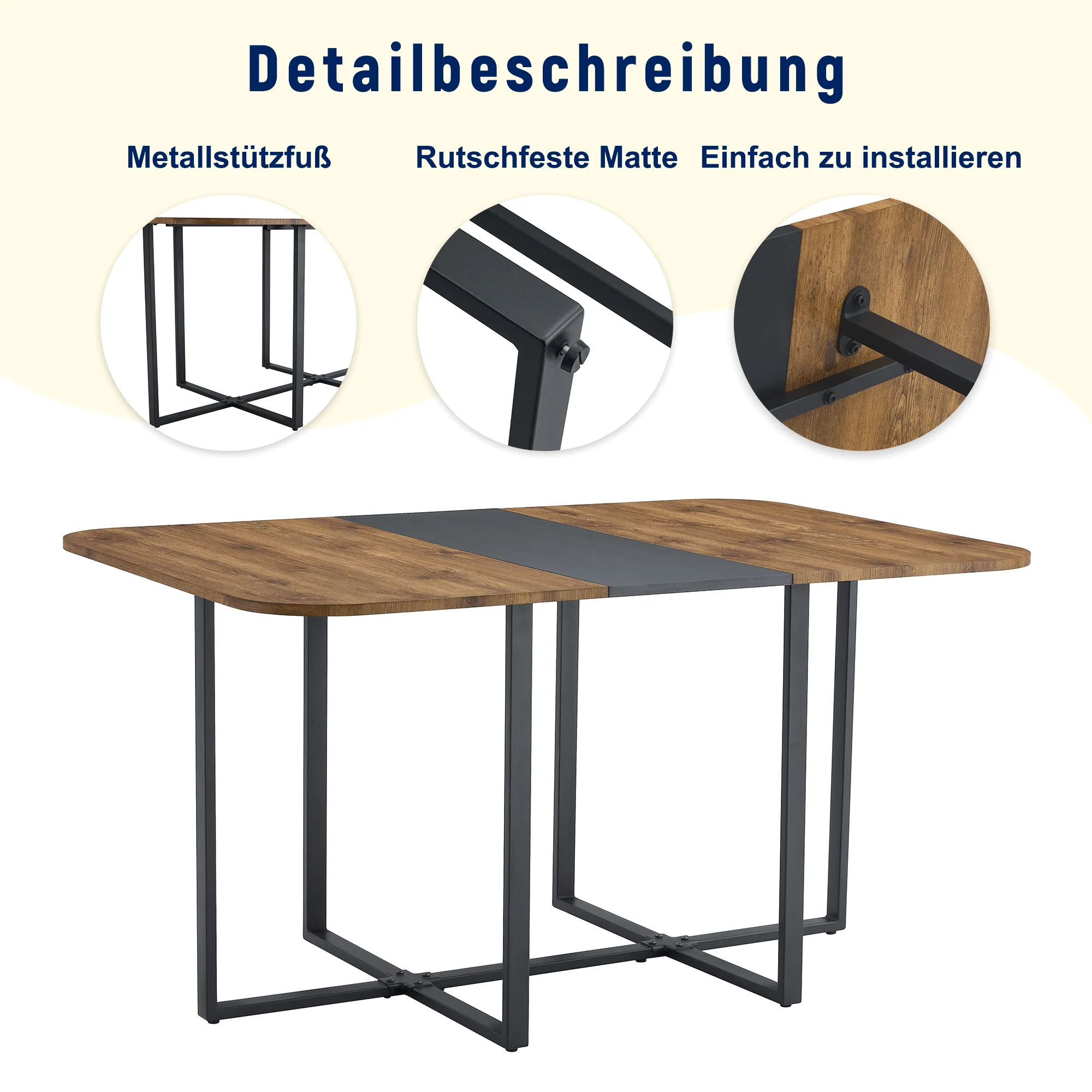 Dining Table Set Extendable Stowable Chairs 4-6 Person Wood Grain Black Metal - Image 8
