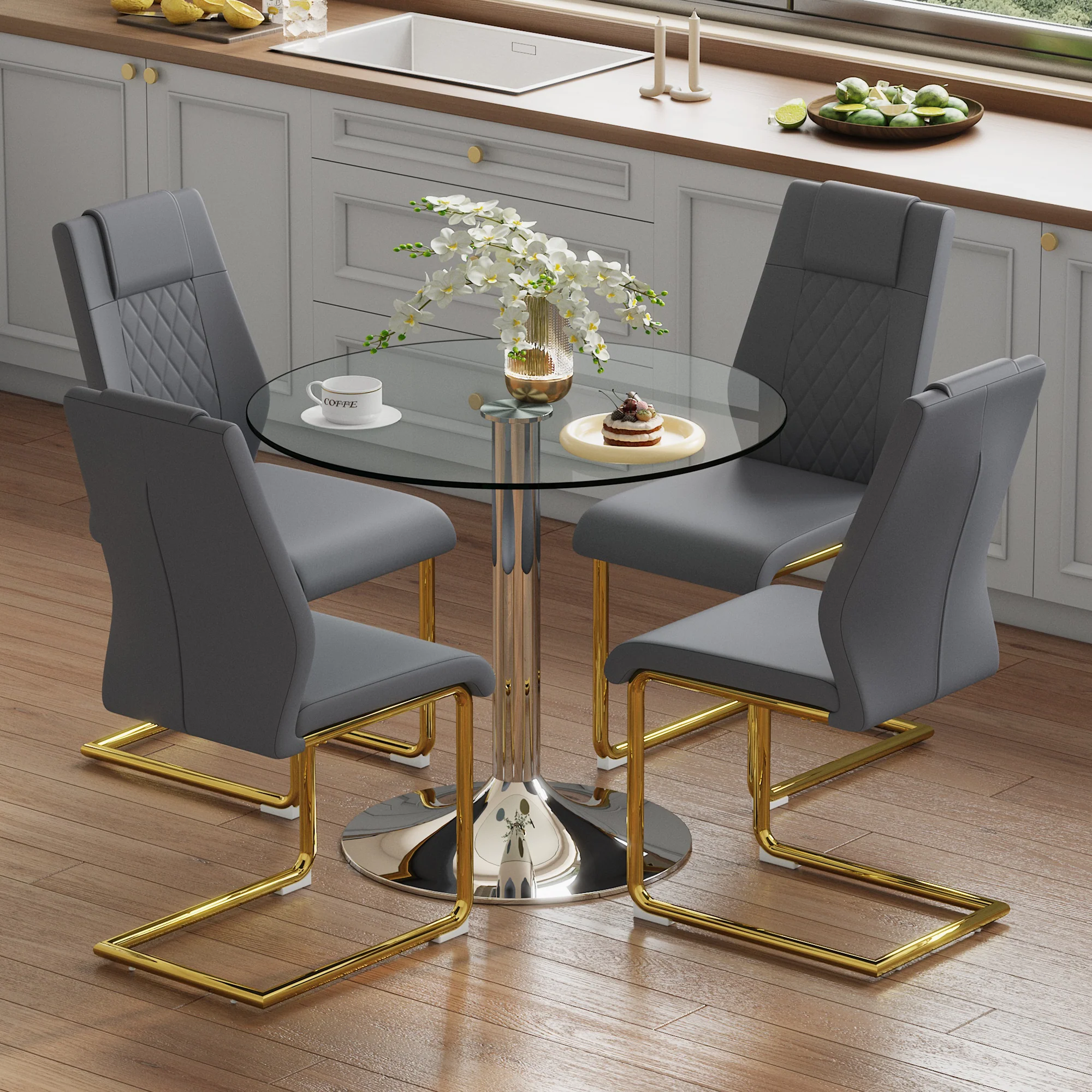 Dining Table Set - Glass 85cm 4 Chairs Gold Legs - Dark Grey PU