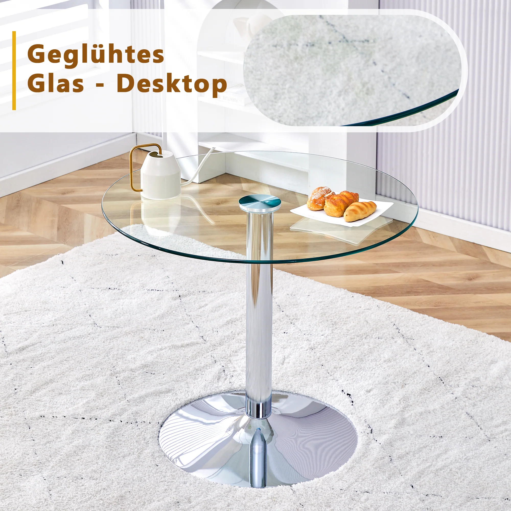 Dining Table Set Minimalist Glass 85cm 4 Chairs Gold Legs - Black PU - Image 5