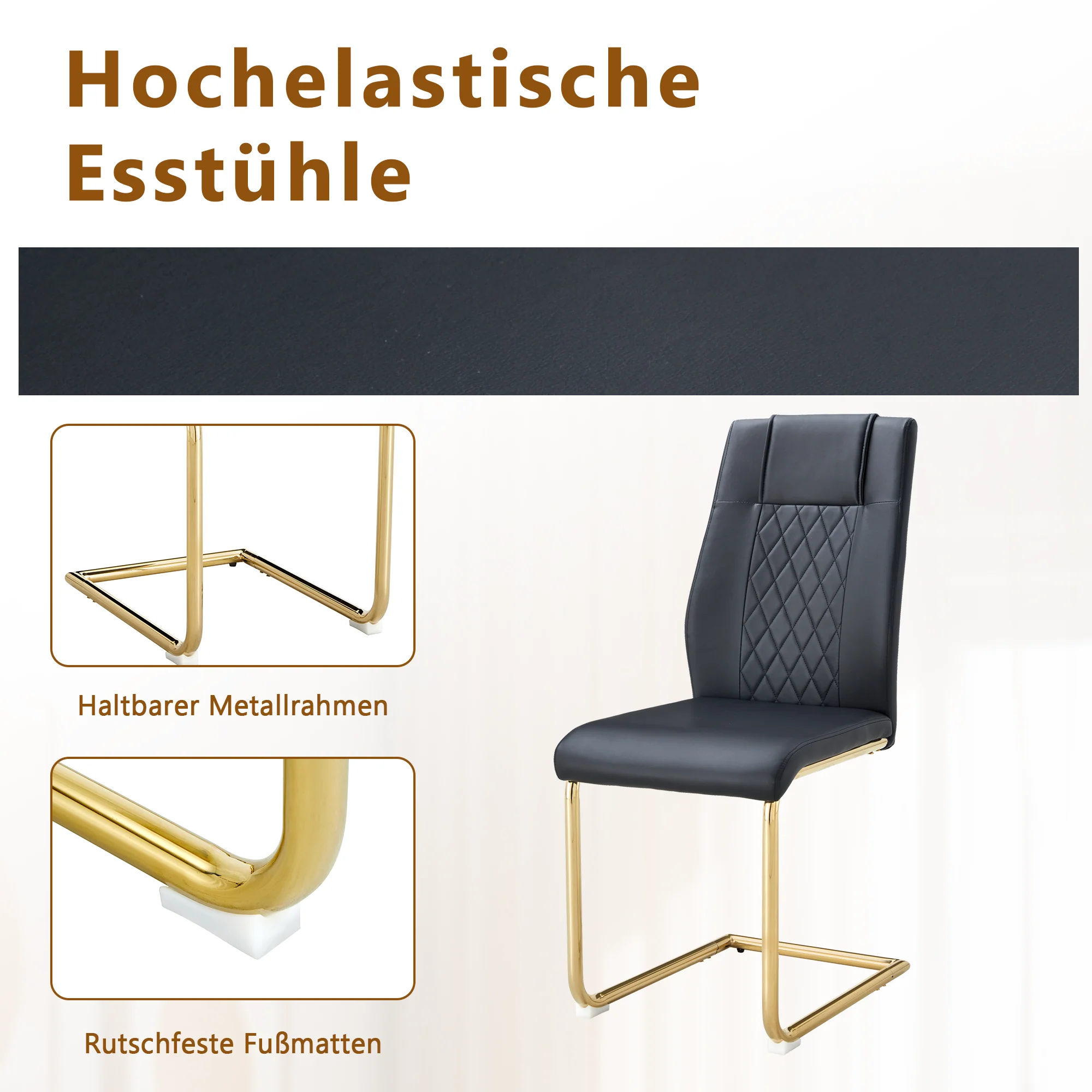 Dining Table Set Minimalist Glass 85cm 4 Chairs Gold Legs - Black PU - Image 8