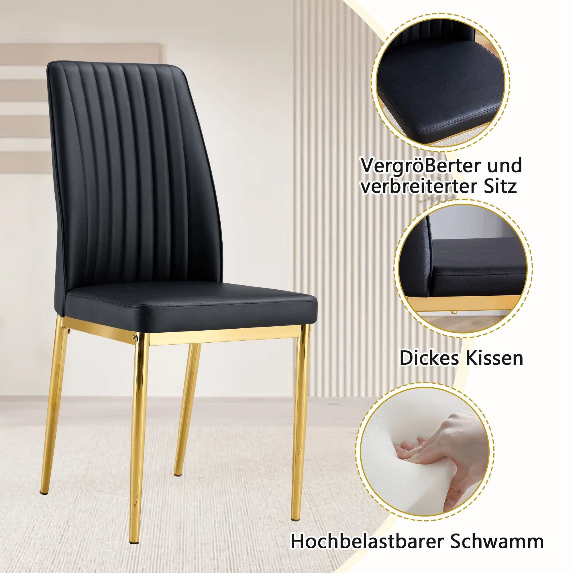 Dining Table Set Modern Minimalist Round Glass Table 4 Chairs - Faux Leather Black - Image 8