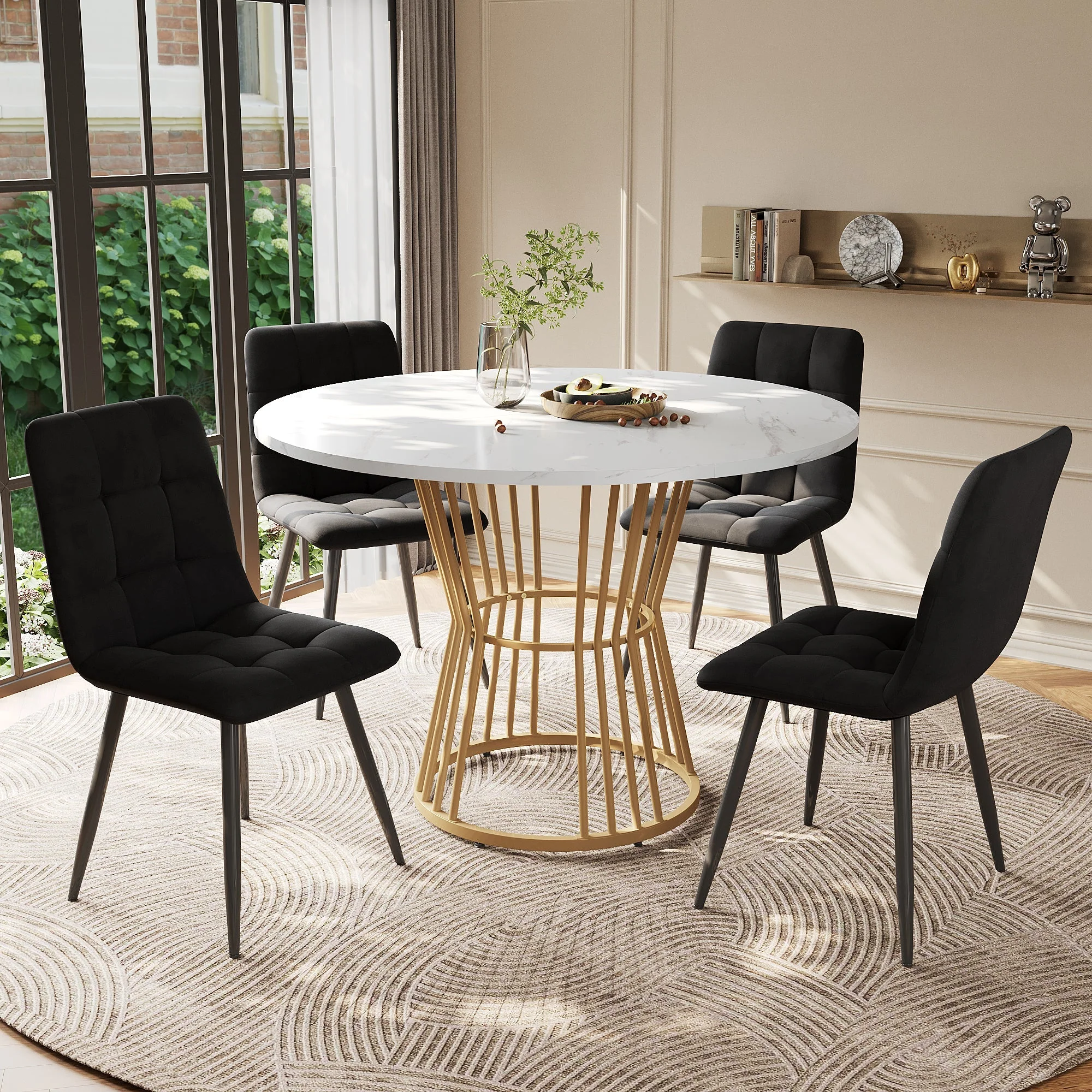 Dining Table Set, Round with Golden Metal Legs, White MDF Top, Black Velvet Chairs - Image 2