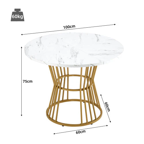 Dining Table Set, Round with Golden Metal Legs, White MDF Top, Black Velvet Chairs - Image 4