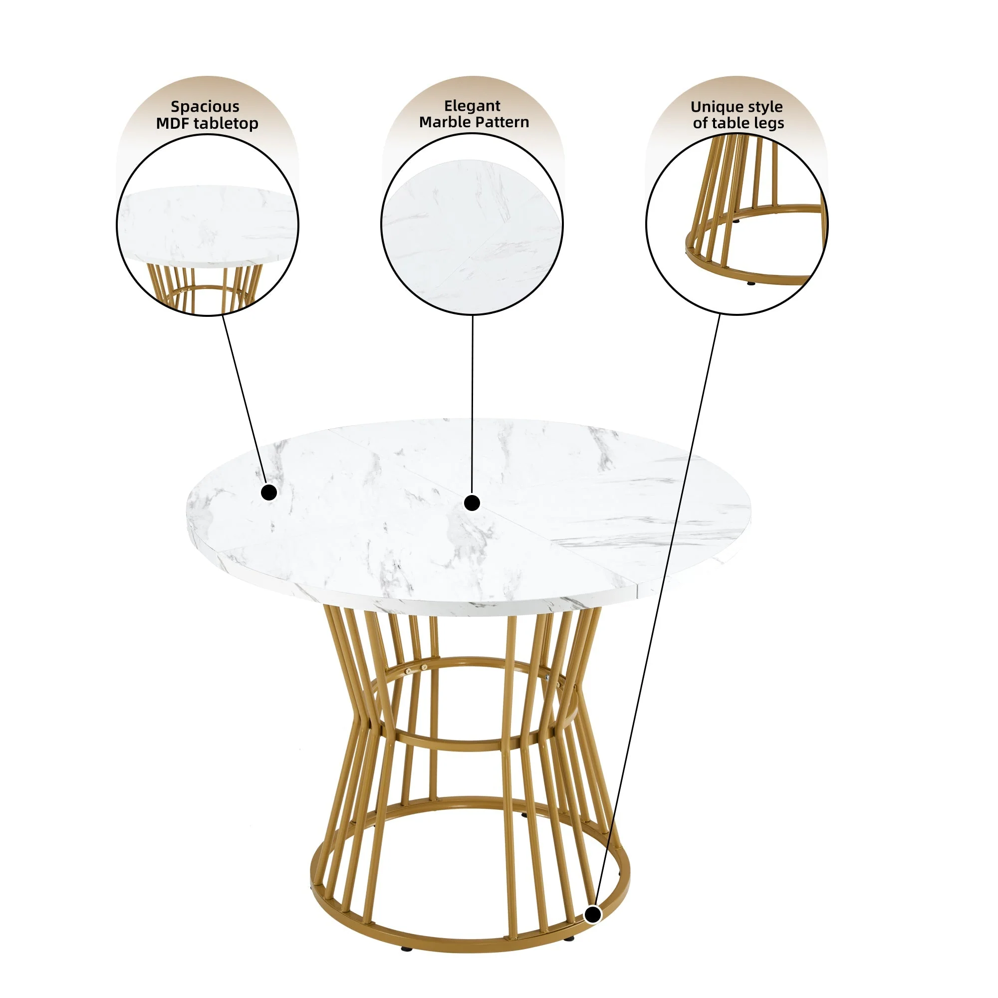 Dining Table Set, Round with Golden Metal Legs, White MDF Top, Black Velvet Chairs - Image 5