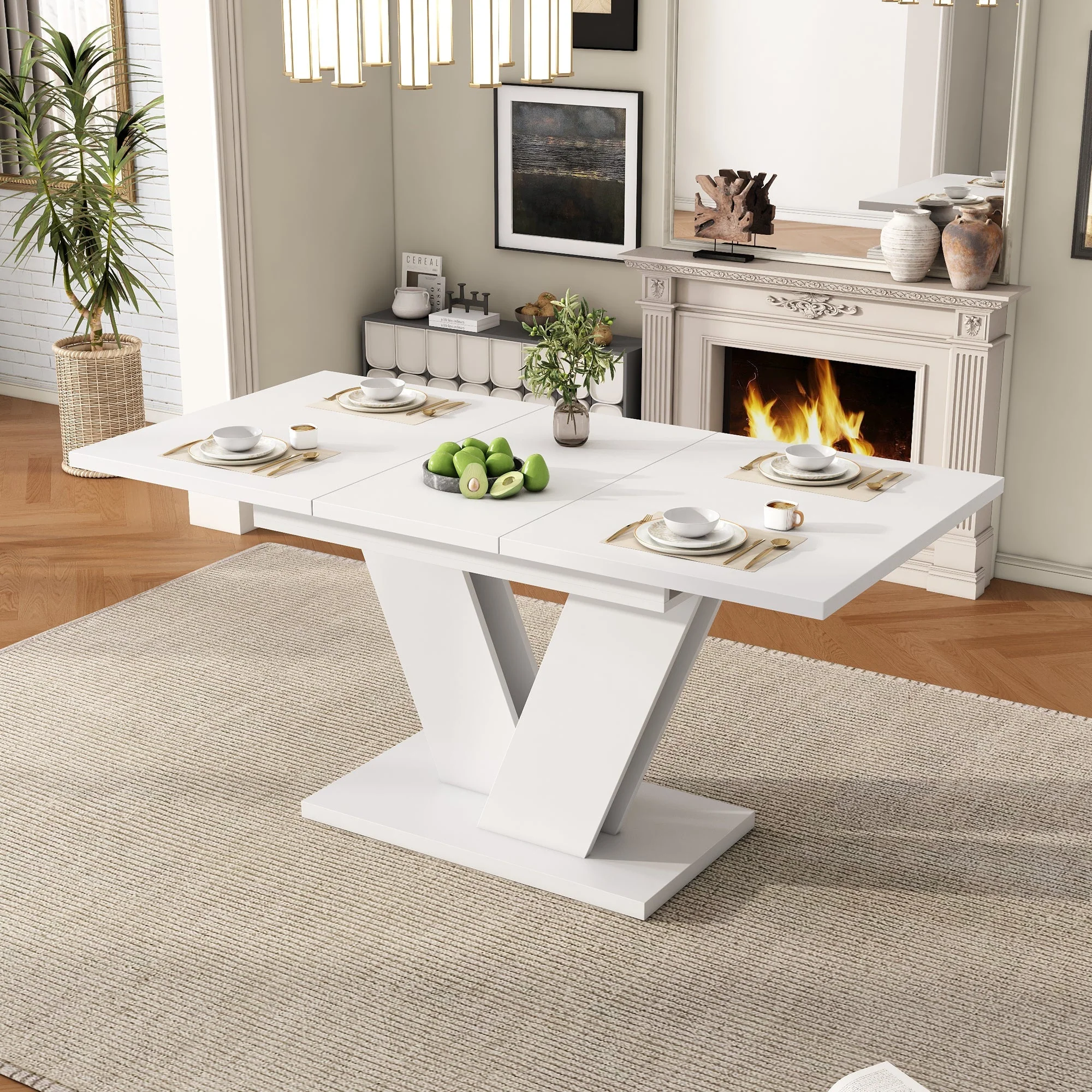 Dining Table Set with 6 Chairs, Extendable 120-160cm Table and Linen Fabric, White and Beige - Image 2