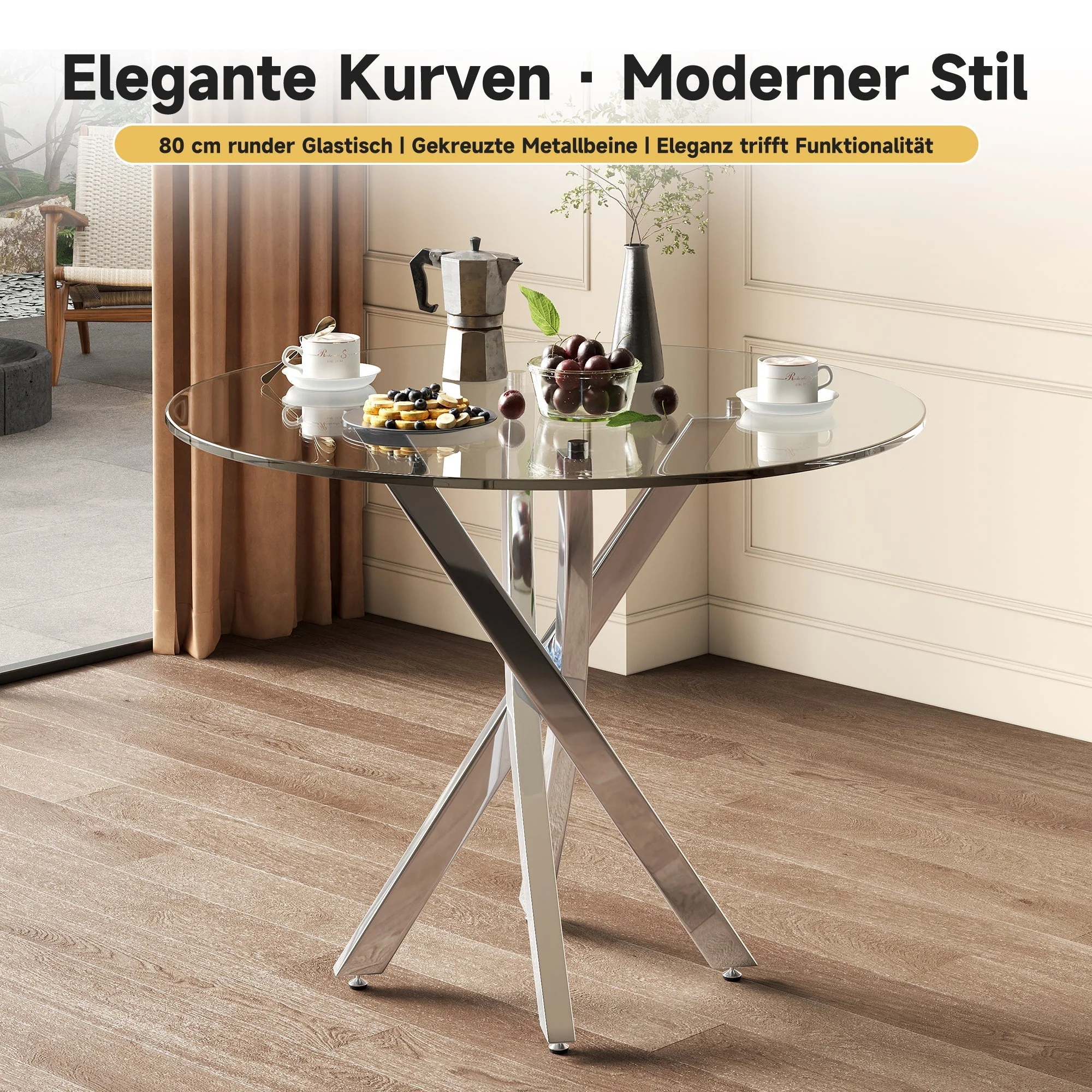 Dining Table Set with Tempered Glass Tabletop and 2 Chairs, Green and Silver - Image 3