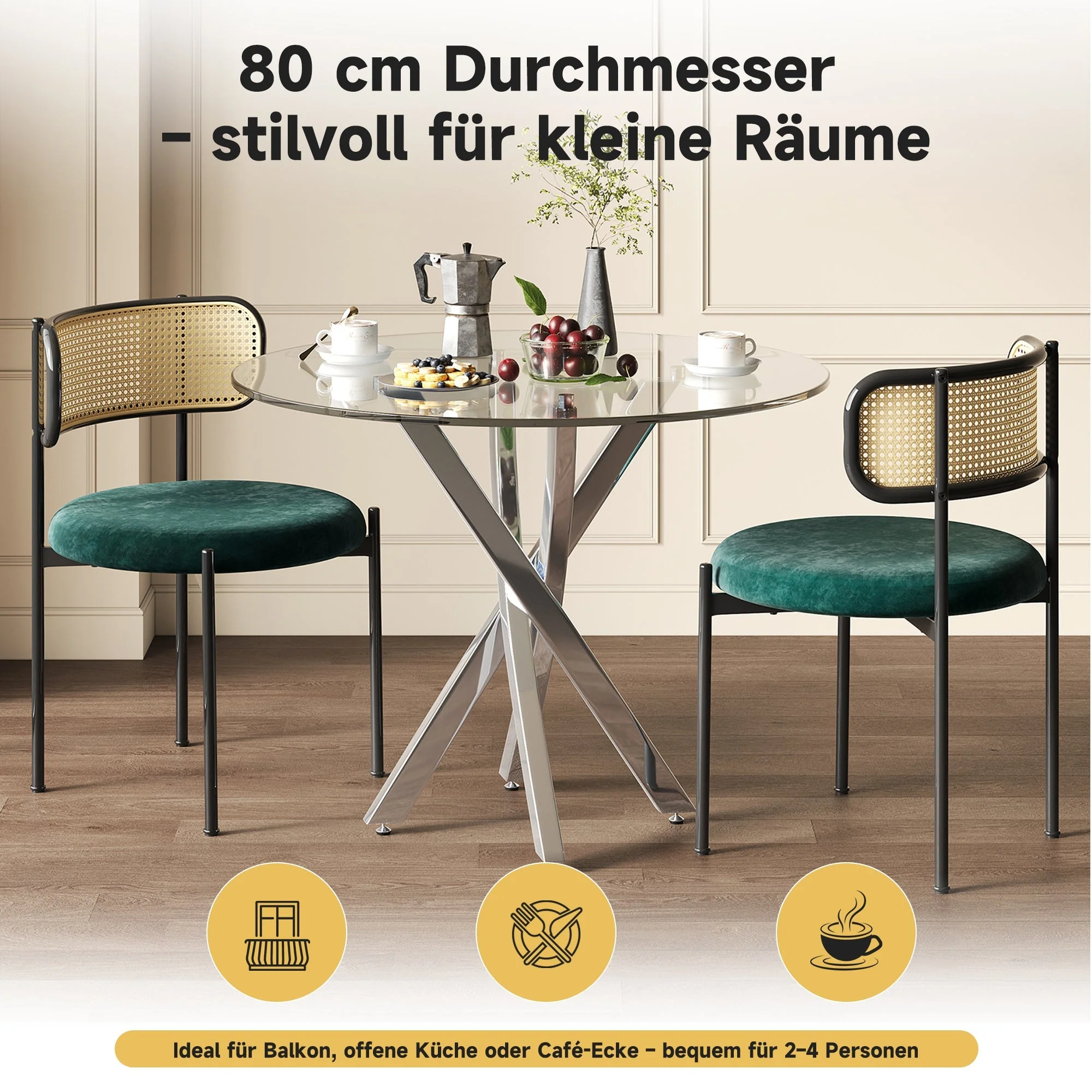 Dining Table Set with Tempered Glass Tabletop and 2 Chairs, Green and Silver - Image 4