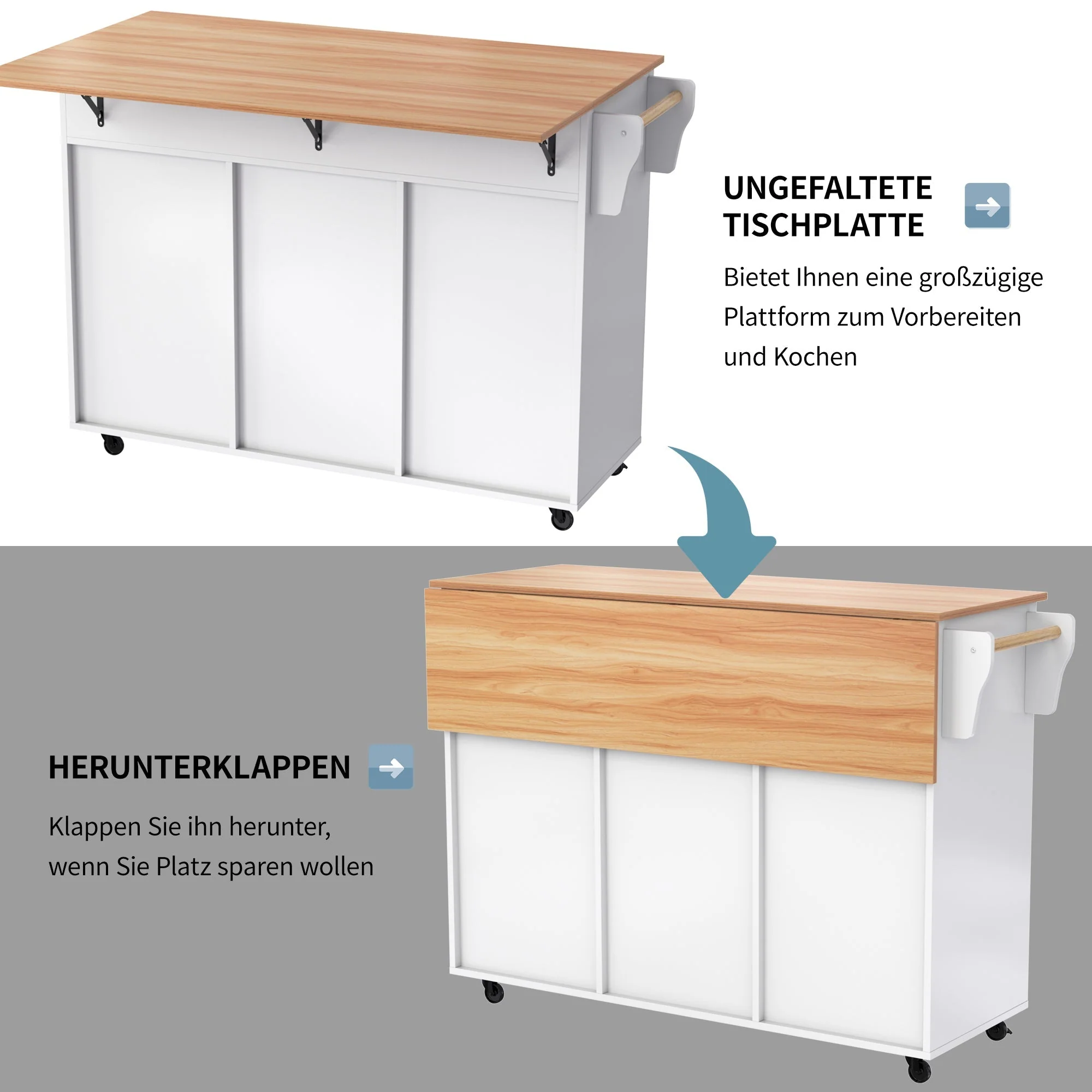 Dining Table Trolley/Sideboard, Folding Top Kitchen Island 5 Wheels 2 Drawers, White - Image 6