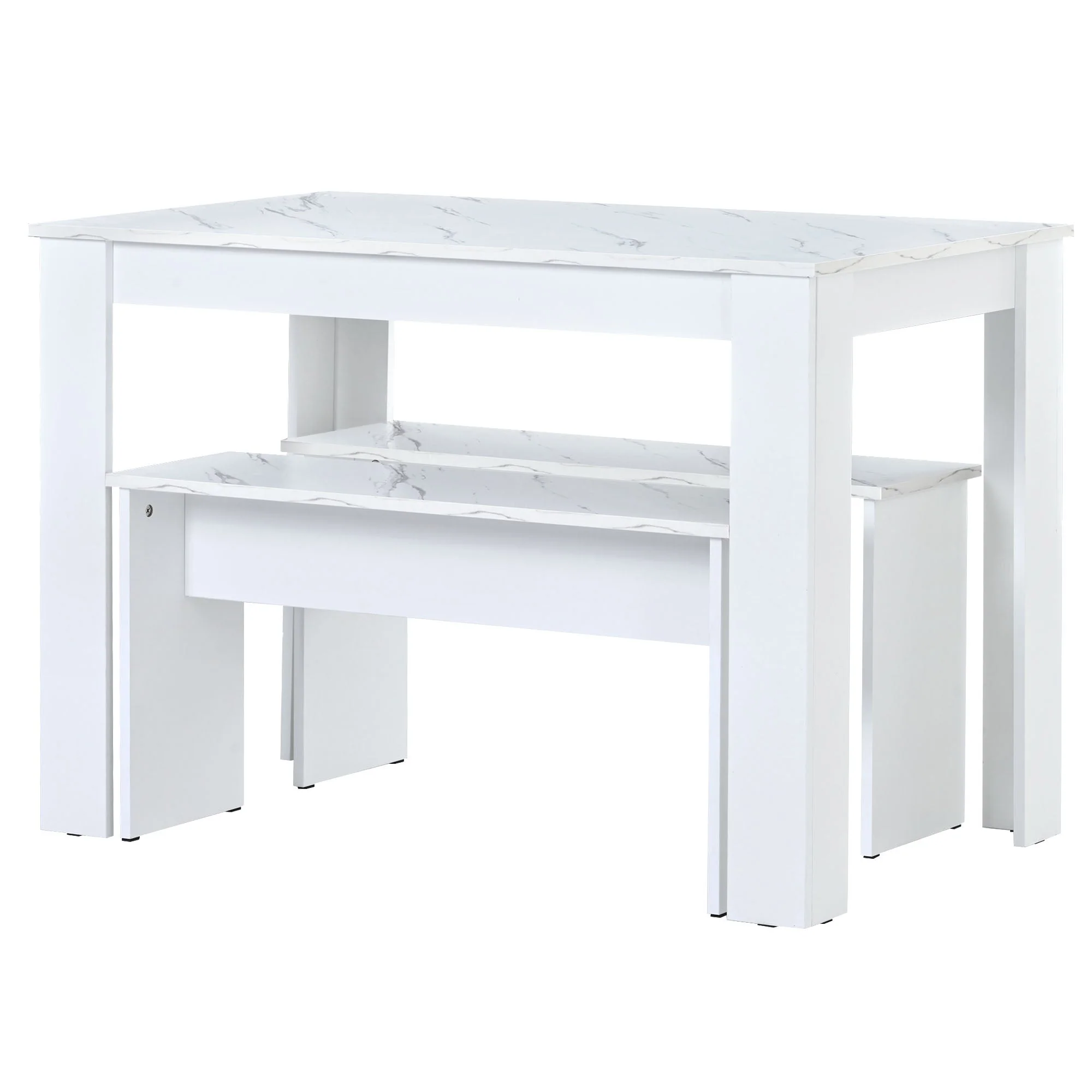 Dining Table with 2 benches Dining Table Set for Kitchen, Dining Room, Small Space, Artificial Marble White - Image 5