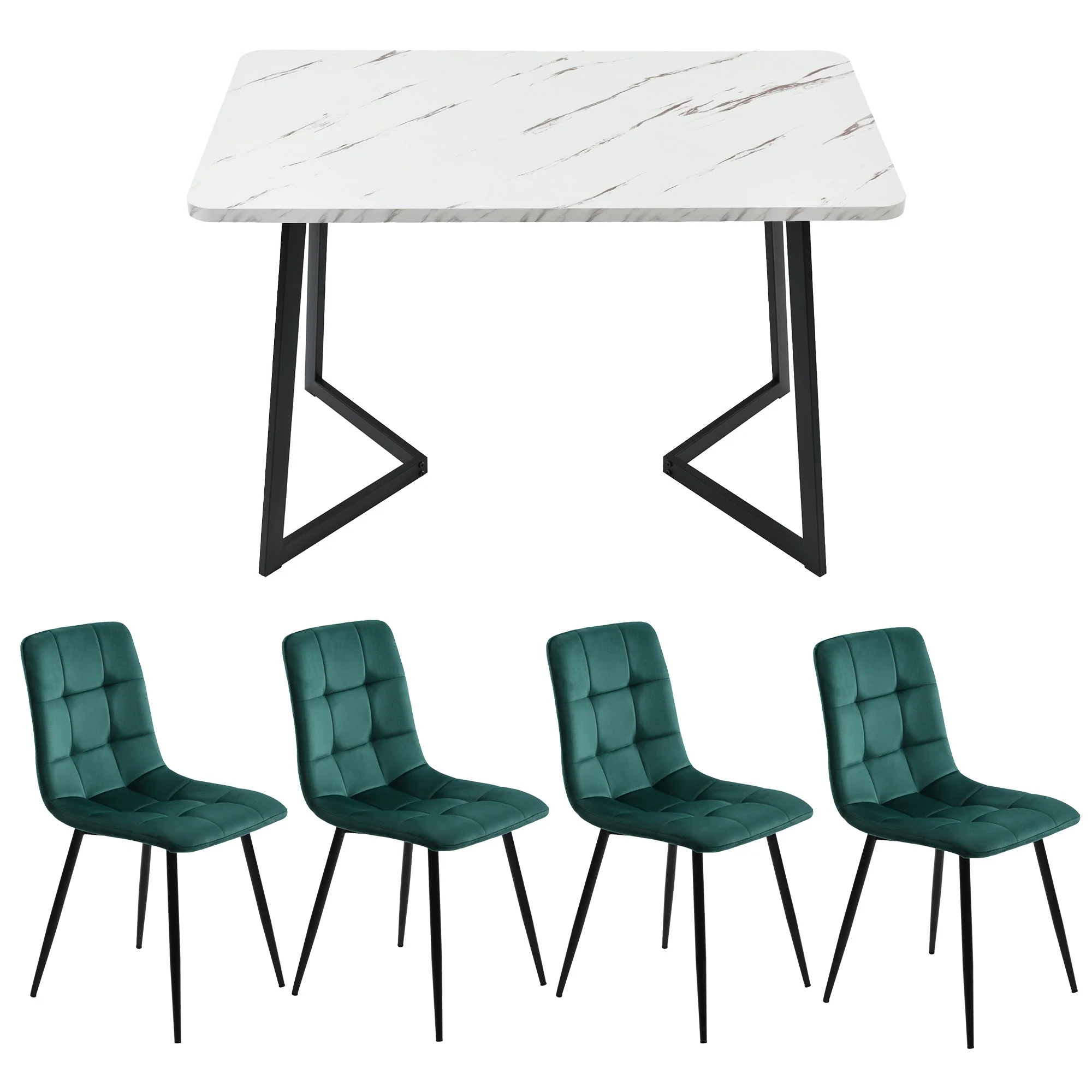 Dining Table with 4 Chairs Set, Rectangular Modern Kitchen Table, Dark Green Velvet & Black Legs - Image 2