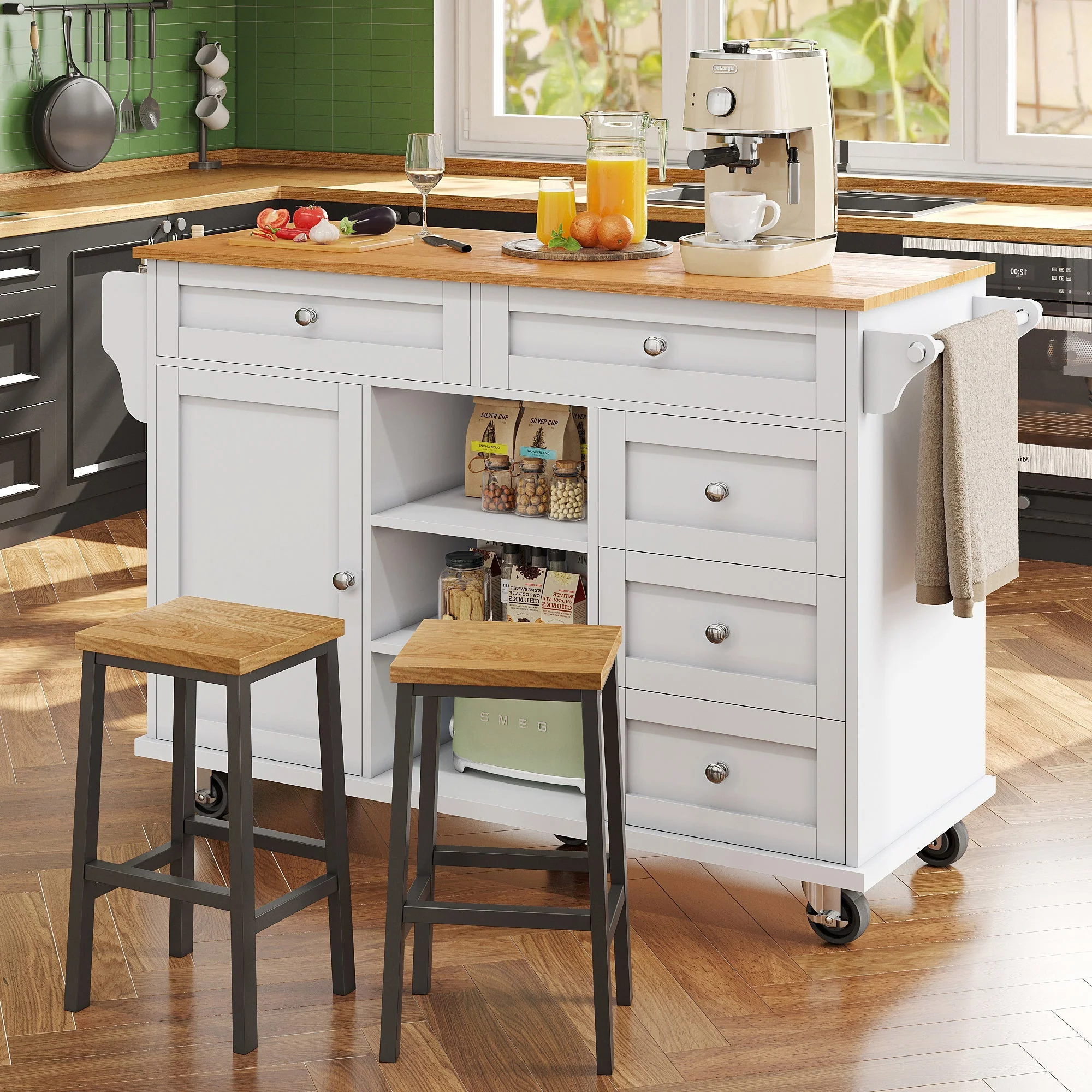 Dining Trolley, 134x46x92cm Drawer & Cabinet Storage, Mobile/Stationary Dual-Use, White - Image 3