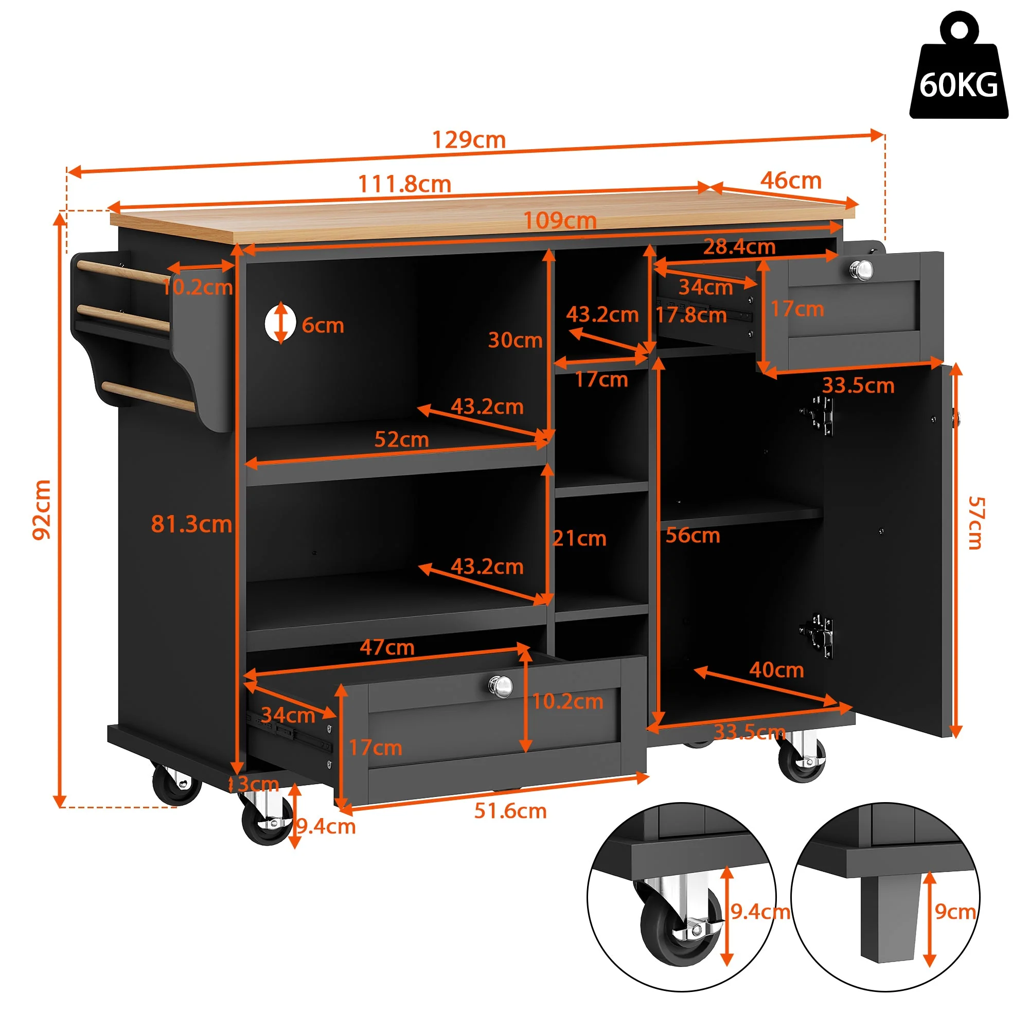 Dining Trolley Mobile Kitchen Storage Cabinet with Drawers, Black/Light Brown Wood - Image 5
