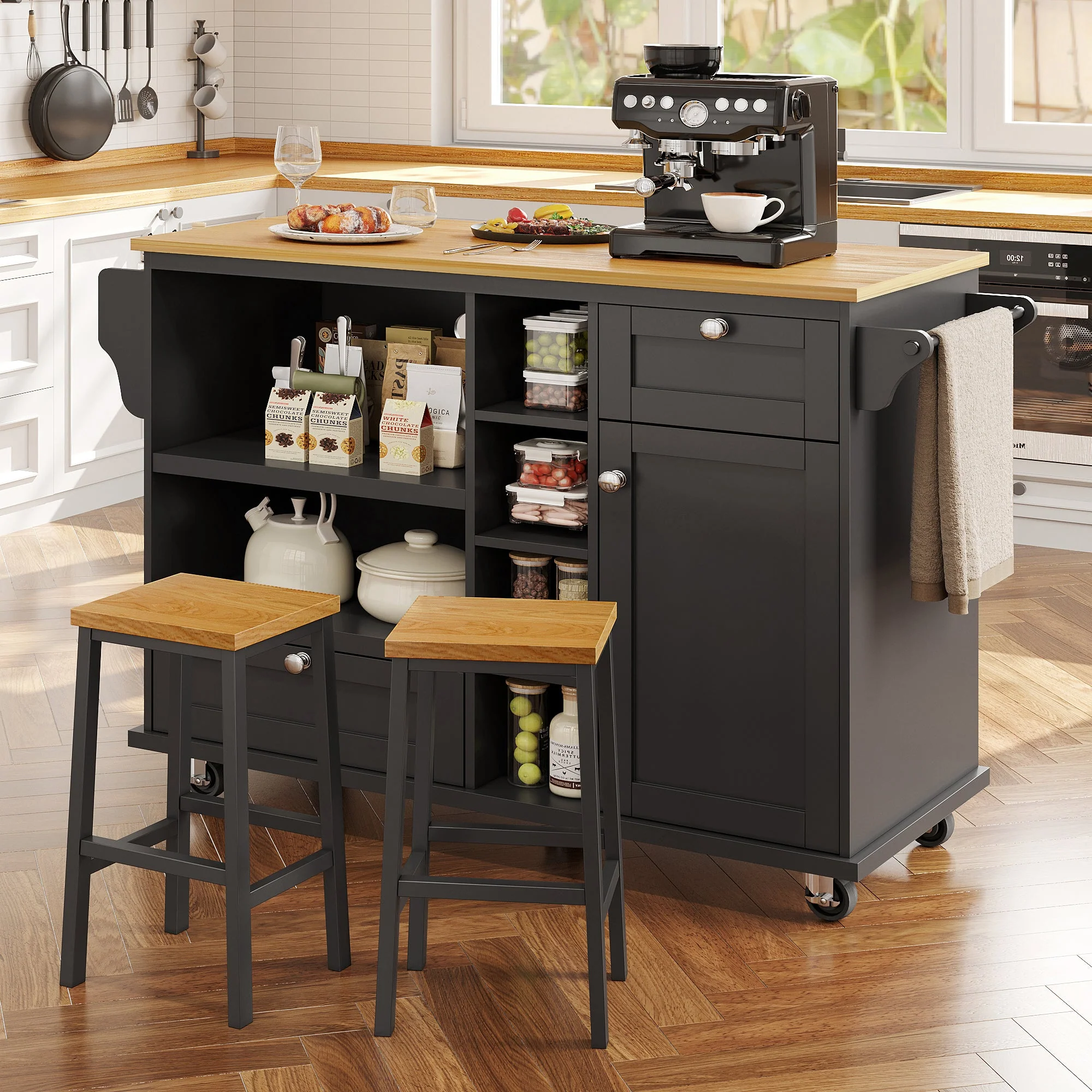 Dining Trolley Mobile Kitchen Storage Cabinet with Drawers, Black/Light Brown Wood - Image 6