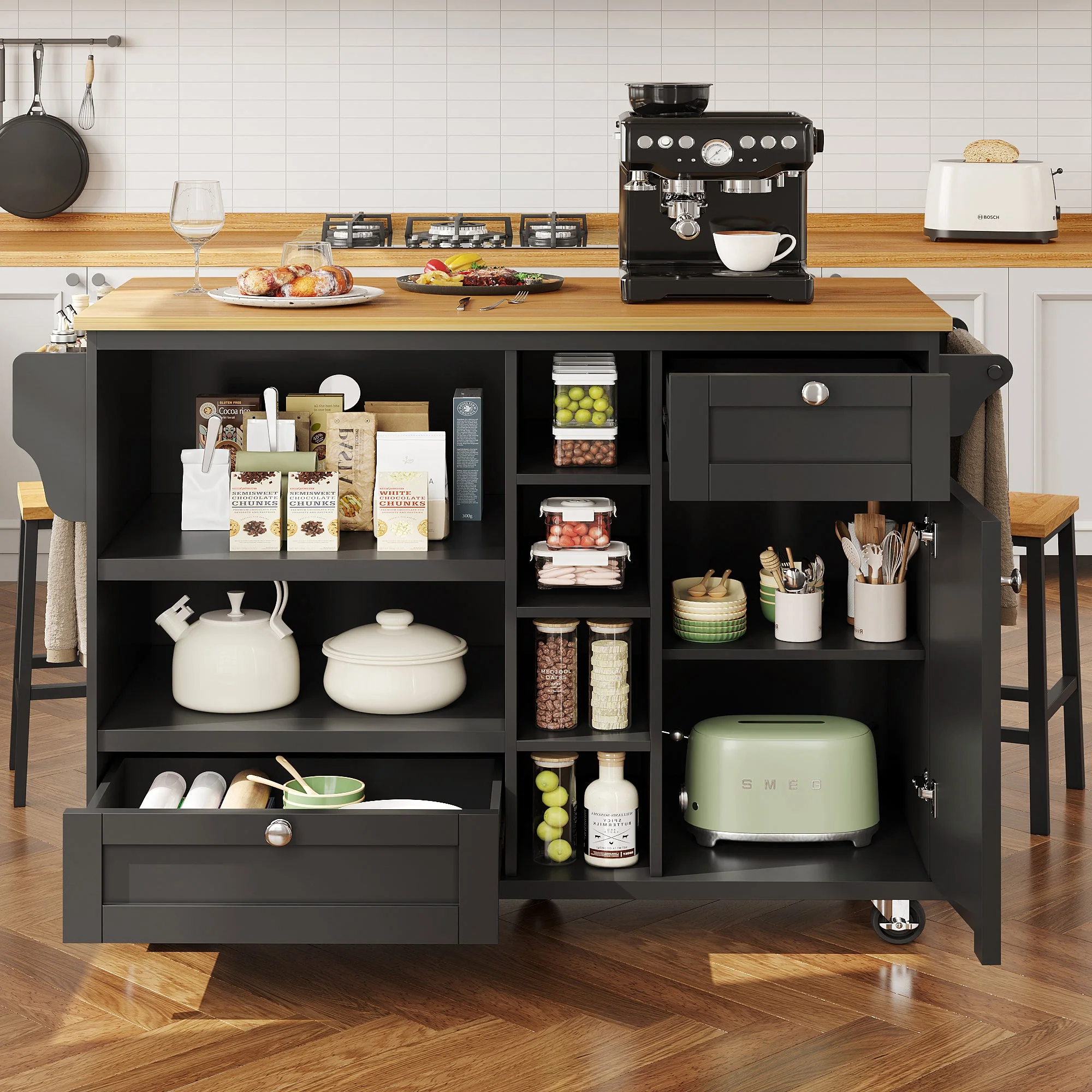 Dining Trolley Mobile Kitchen Storage Cabinet with Drawers, Black/Light Brown Wood - Image 8