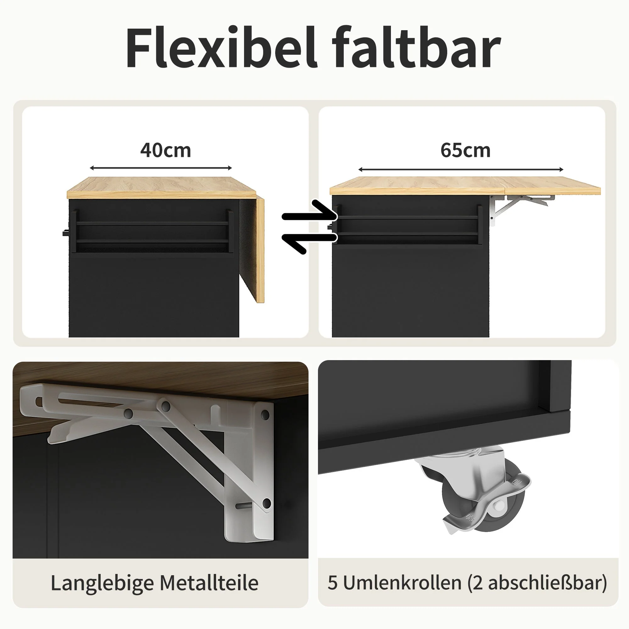 Dining Trolley Mobile Removable Worktop Spice Rack Adjustable Storage - Wood Grain Black - Image 8