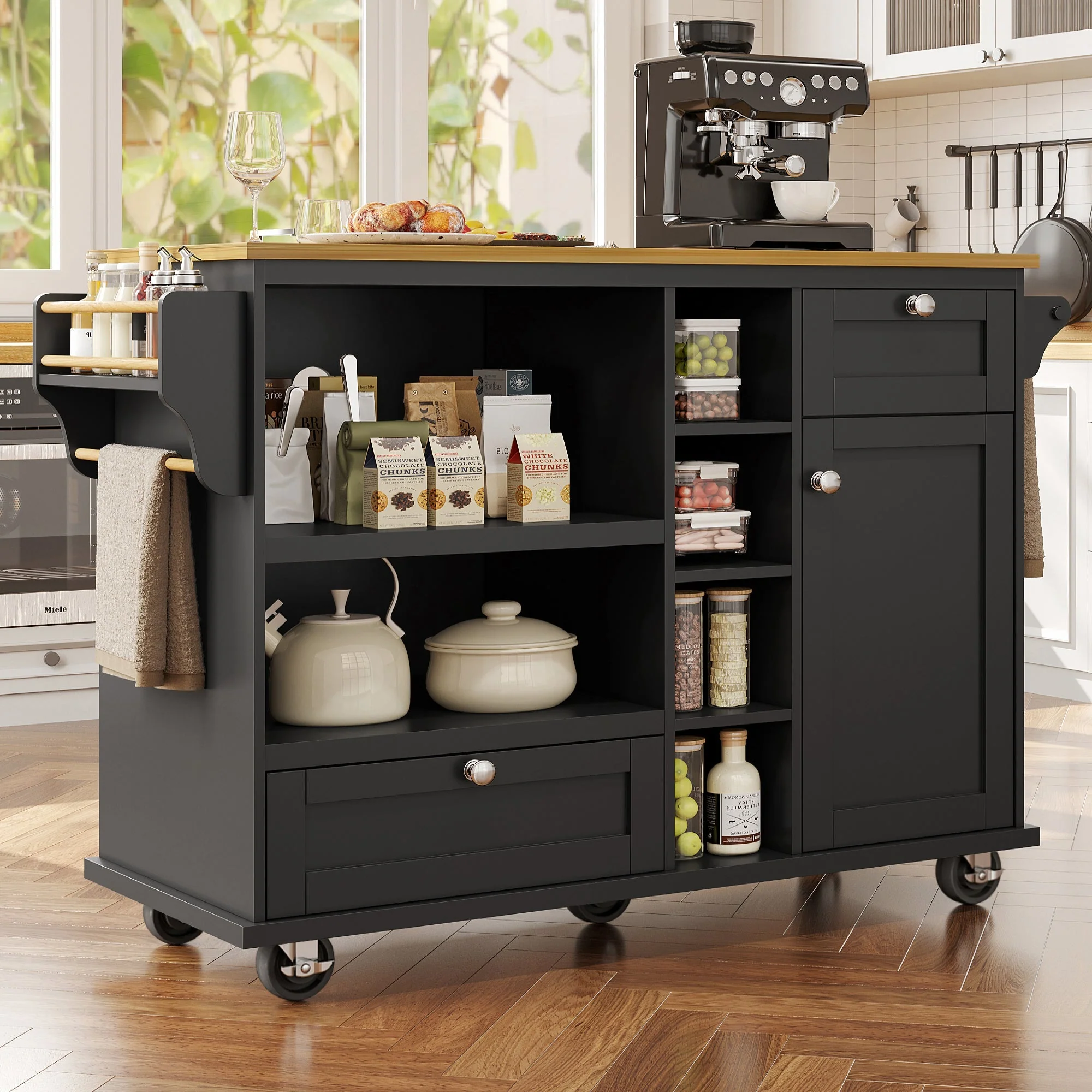 Dining Trolley Mobile Storage Drawers - Black/Light Brown Wood Top